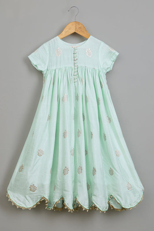 Embroidered Blue Scalloped Hem Kurti