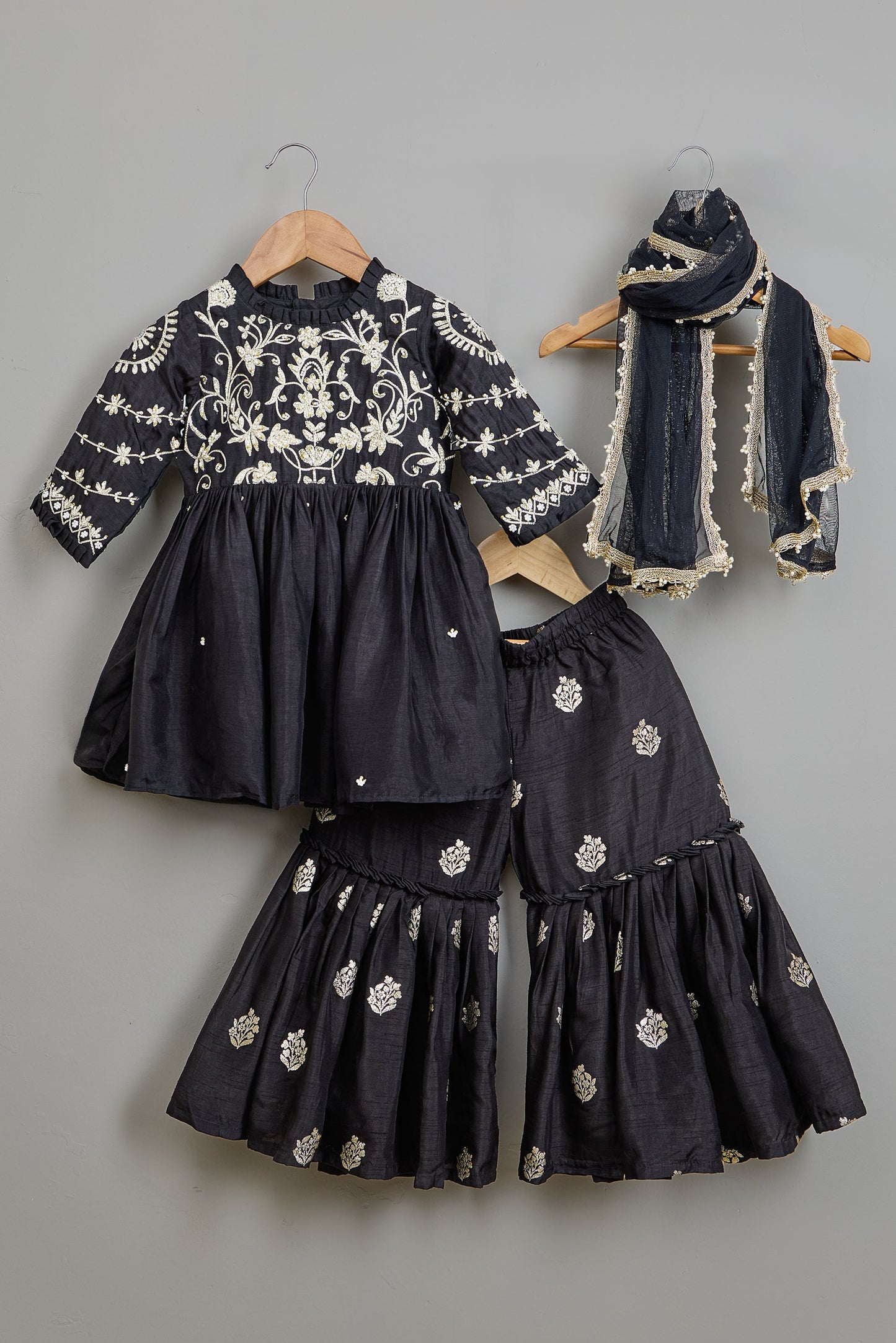 Black Embroidered Pleats Detailed Kurti And Sharara With Dupatta