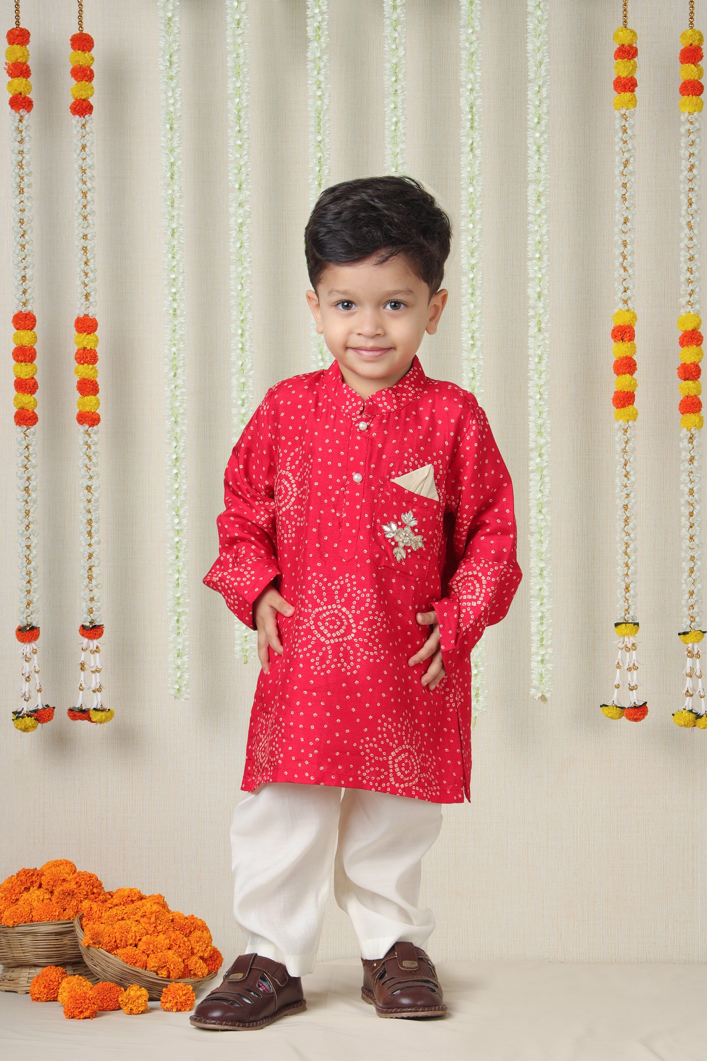 "Pink Hand-Embroidered Bandhani Kurta Set for Boys "