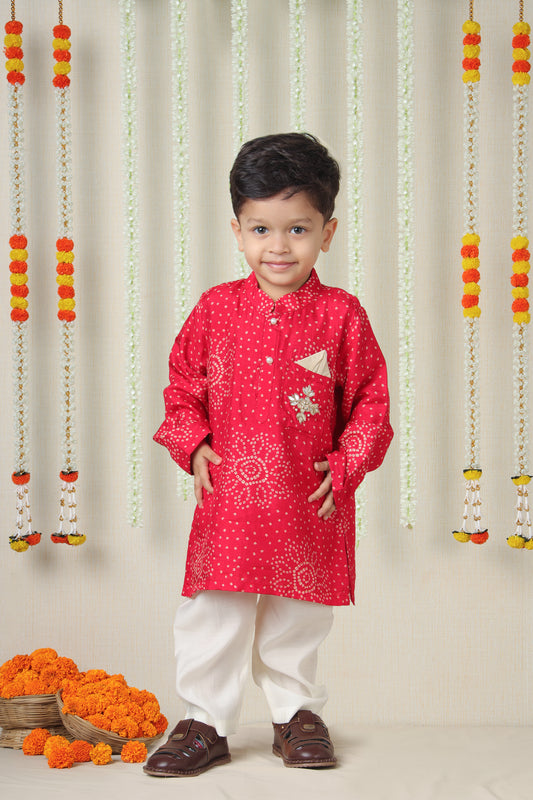 "Pink Hand-Embroidered Bandhani Kurta Set for Boys "