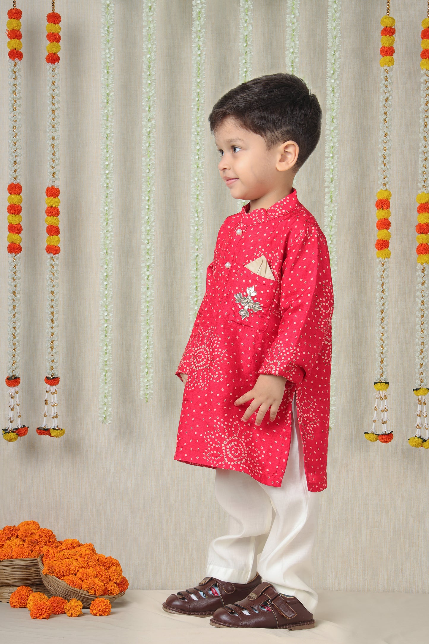 "Pink Hand-Embroidered Bandhani Kurta Set for Boys "