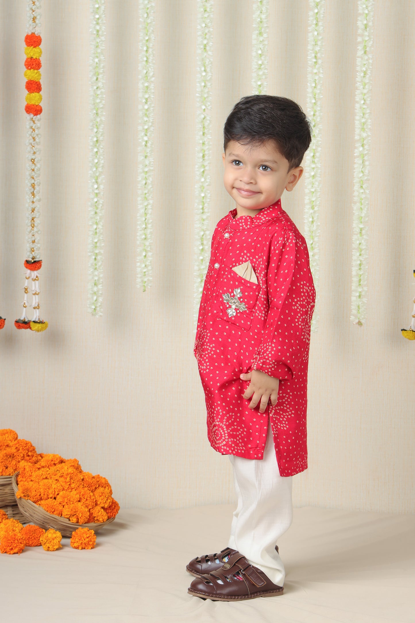 "Pink Hand-Embroidered Bandhani Kurta Set for Boys "