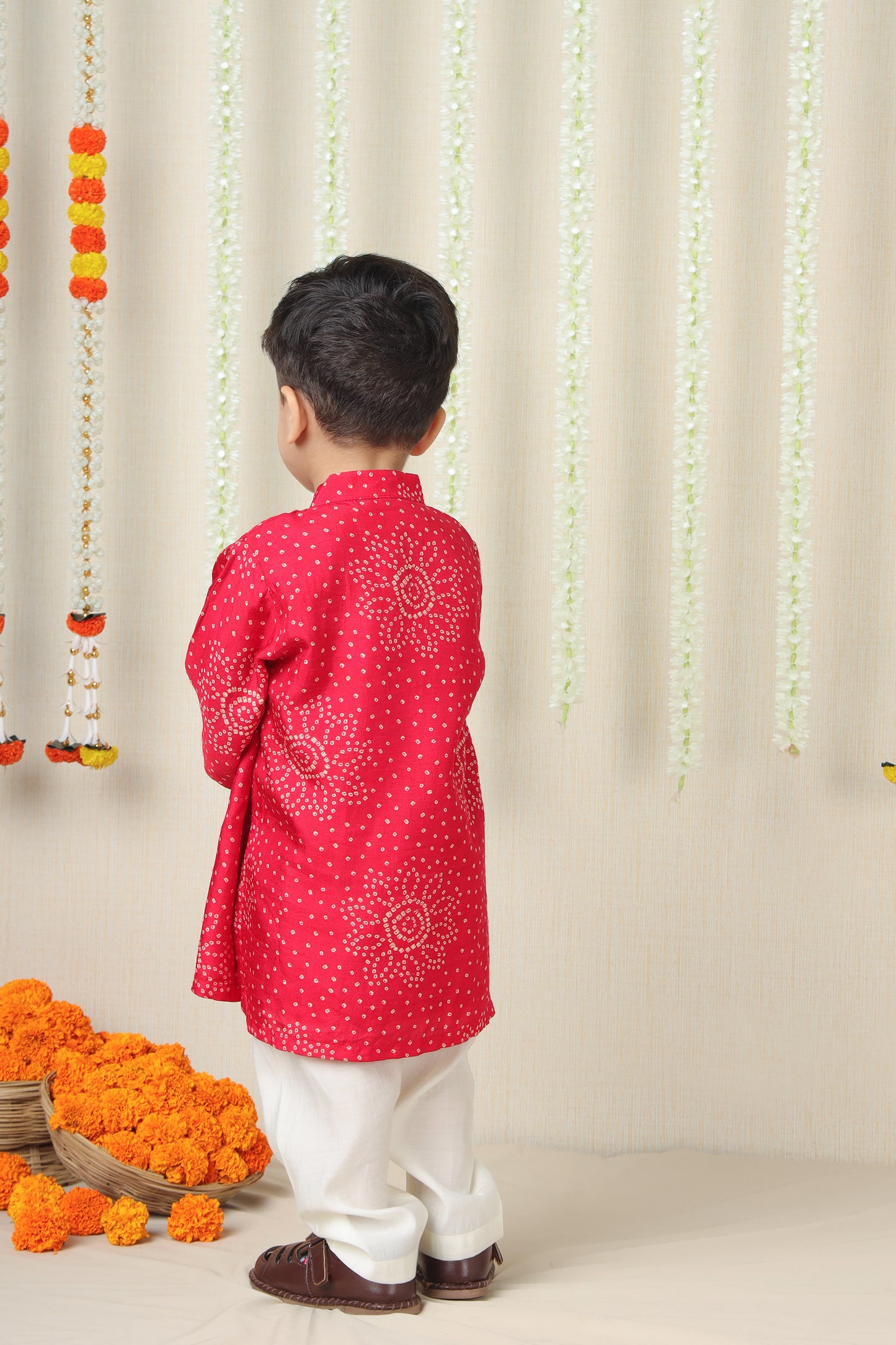 "Pink Hand-Embroidered Bandhani Kurta Set for Boys "