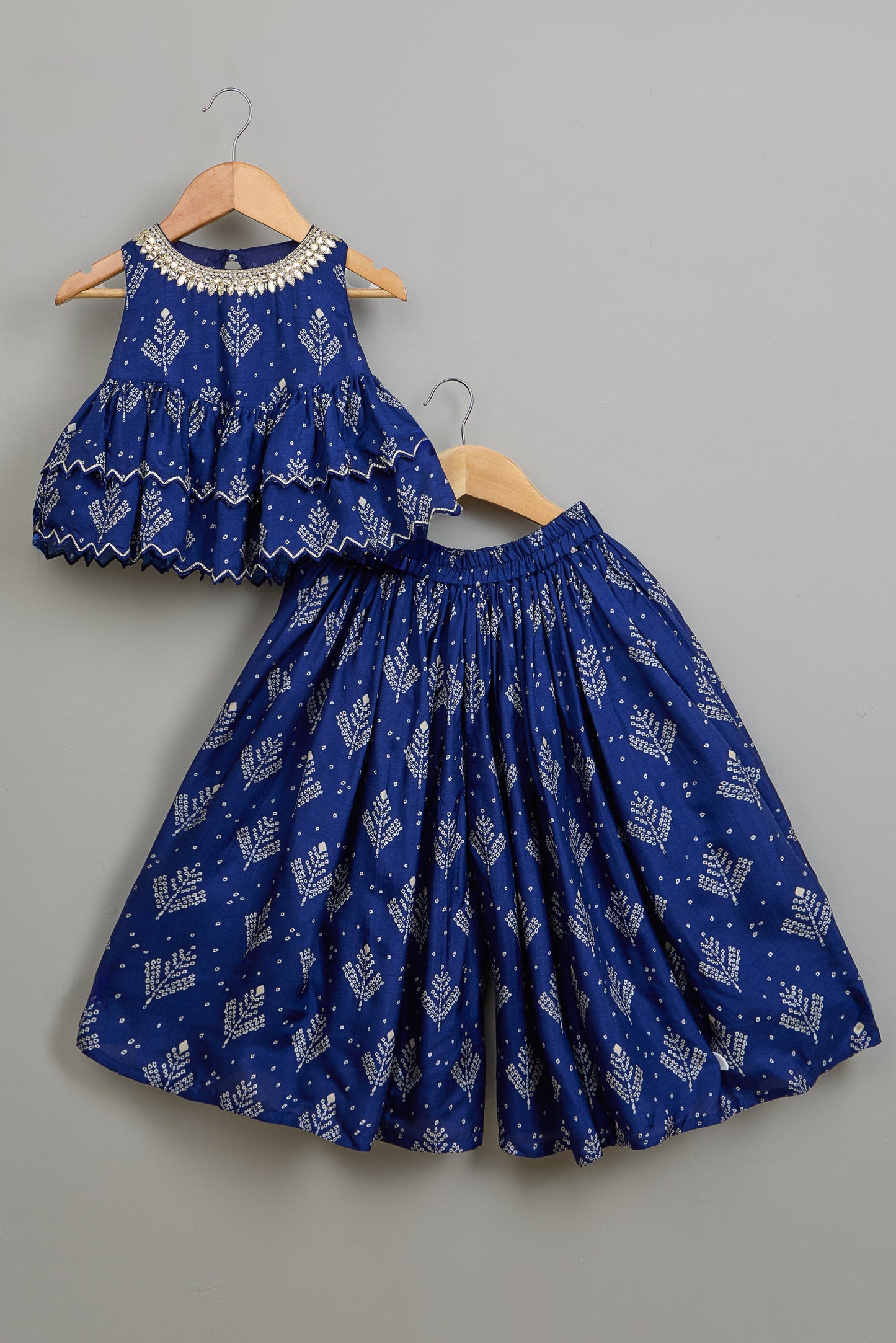 Blue Printed Embroidered Layered Top And Flared Palazzo