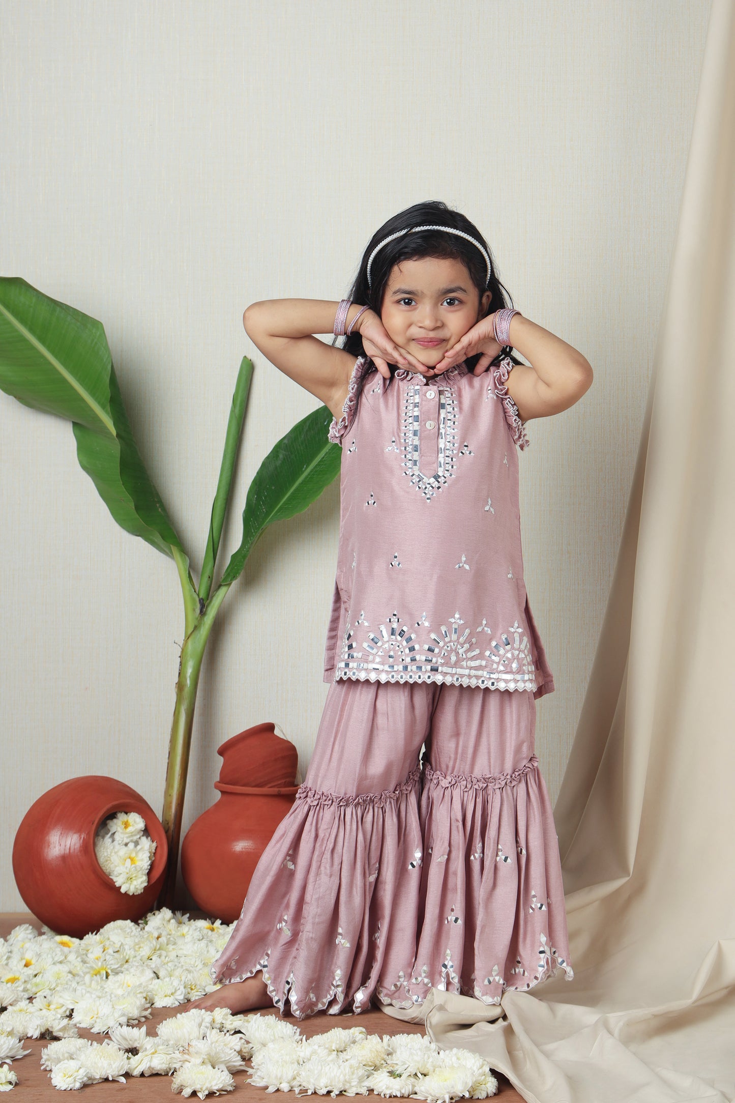 Pink Faux Mirror Embroidered Ruffle Detailed Kurti With Sharara