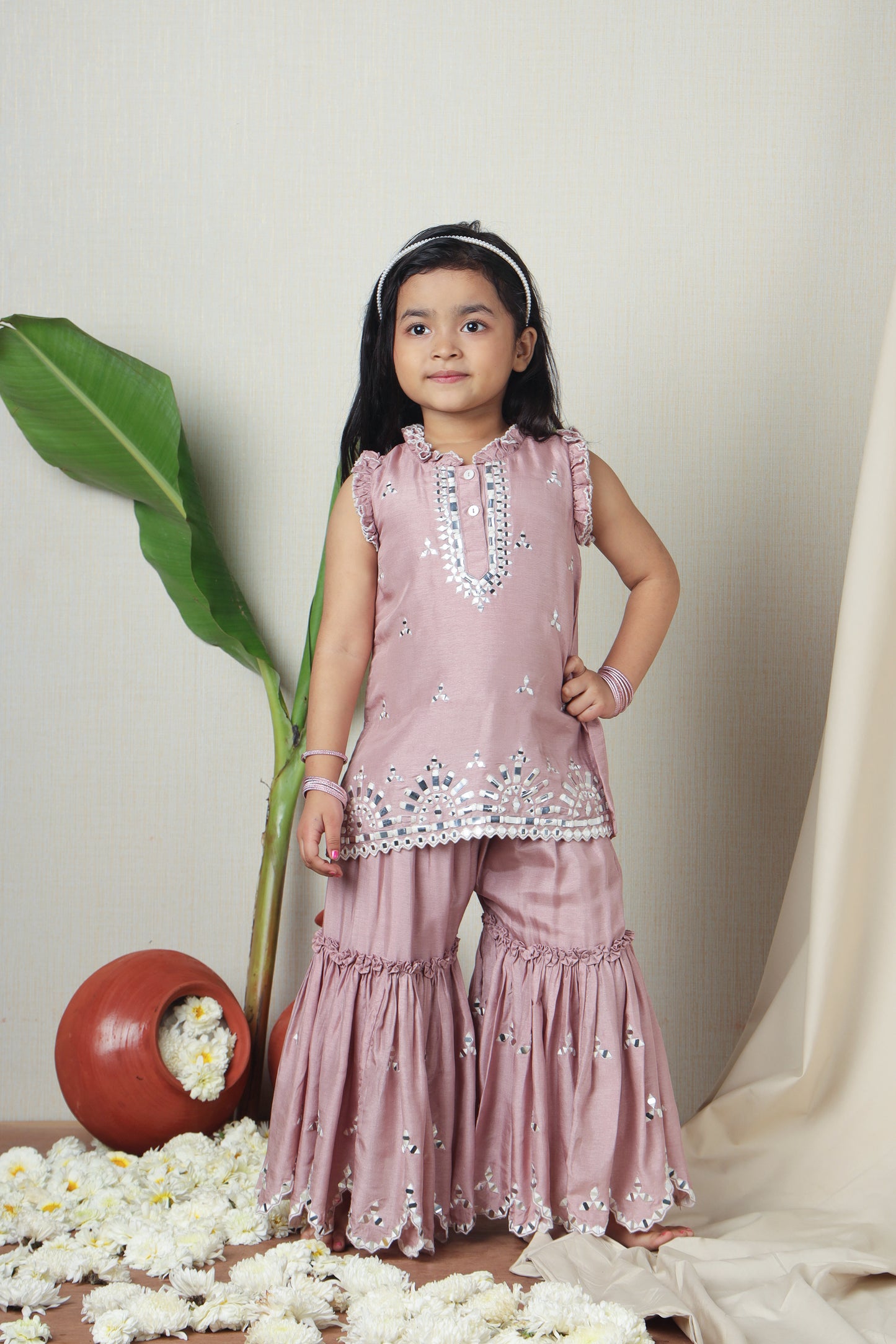 Pink Faux Mirror Embroidered Ruffle Detailed Kurti With Sharara