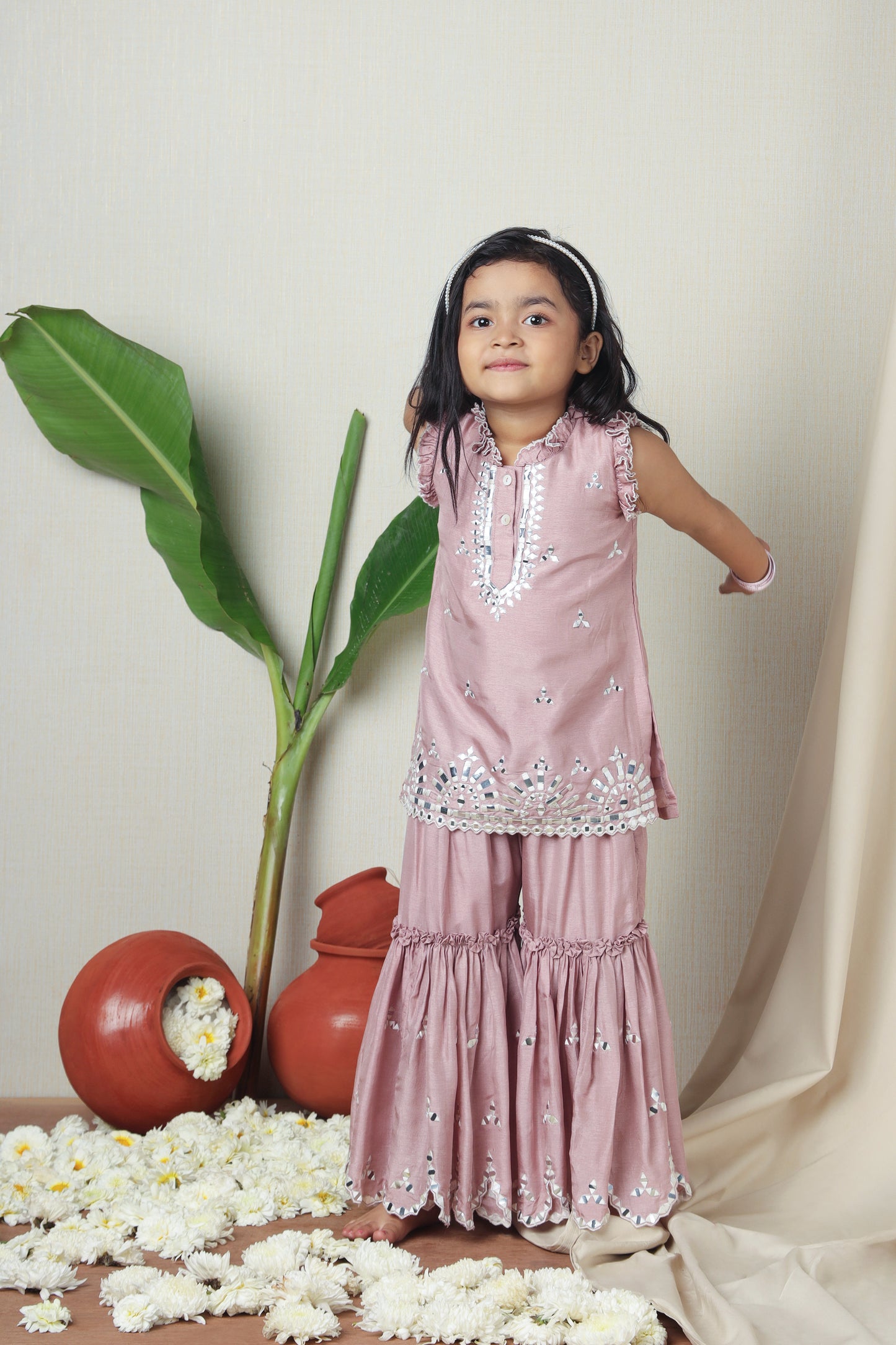 Pink Faux Mirror Embroidered Ruffle Detailed Kurti With Sharara