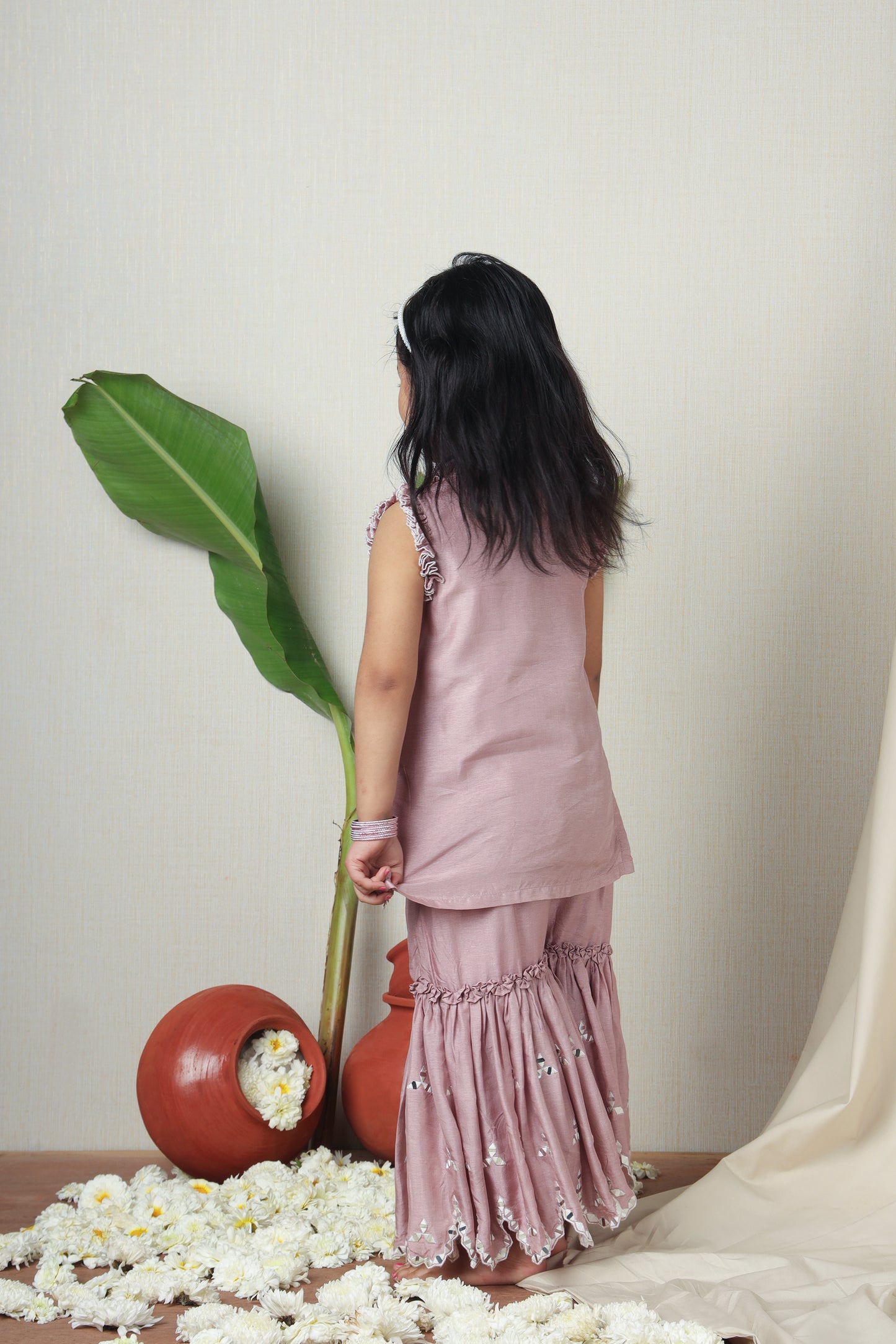 Pink Faux Mirror Embroidered Ruffle Detailed Kurti With Sharara
