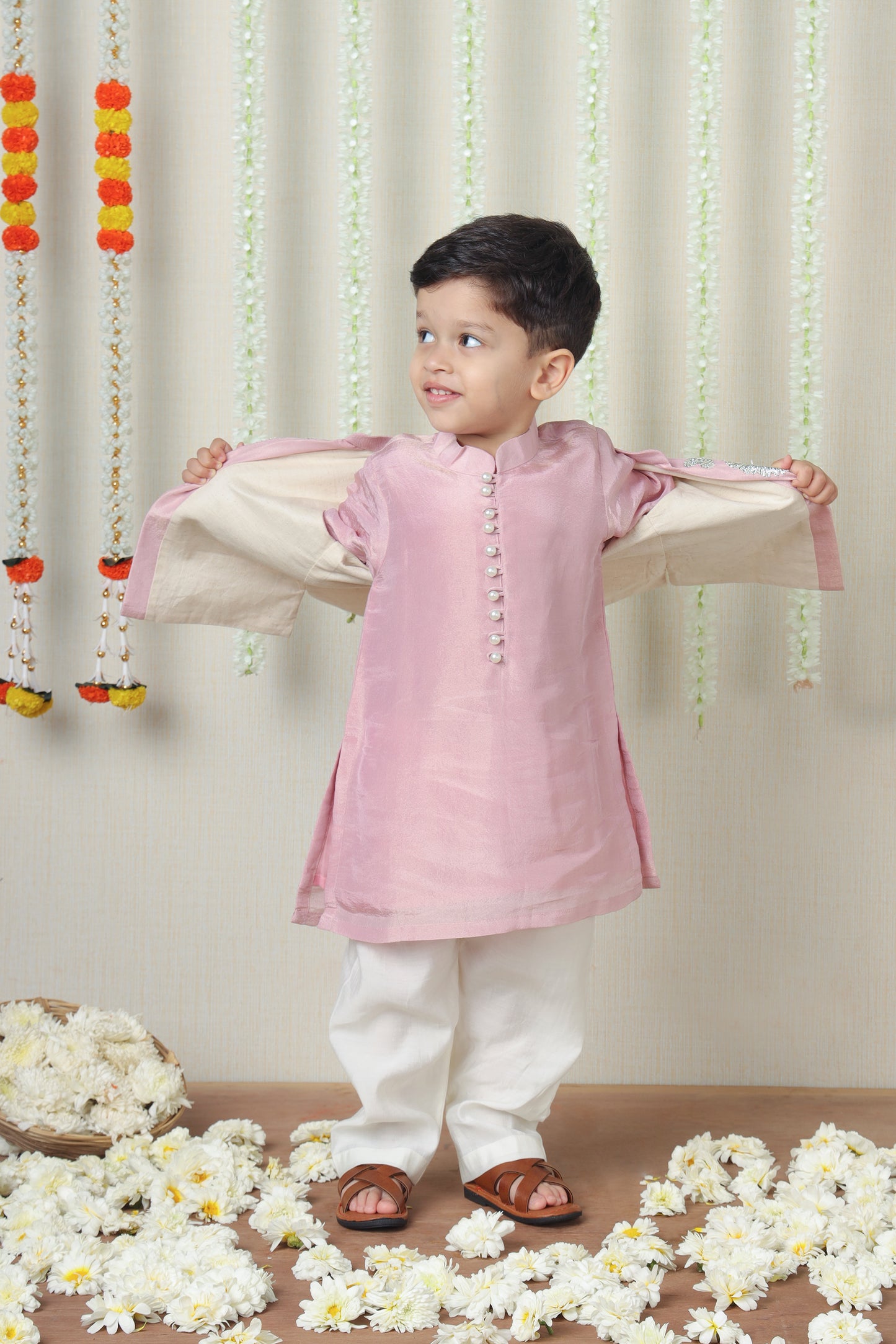 Shimmery Pink Kurta With Front Open Gota Embroidered Jacket And Pyjama