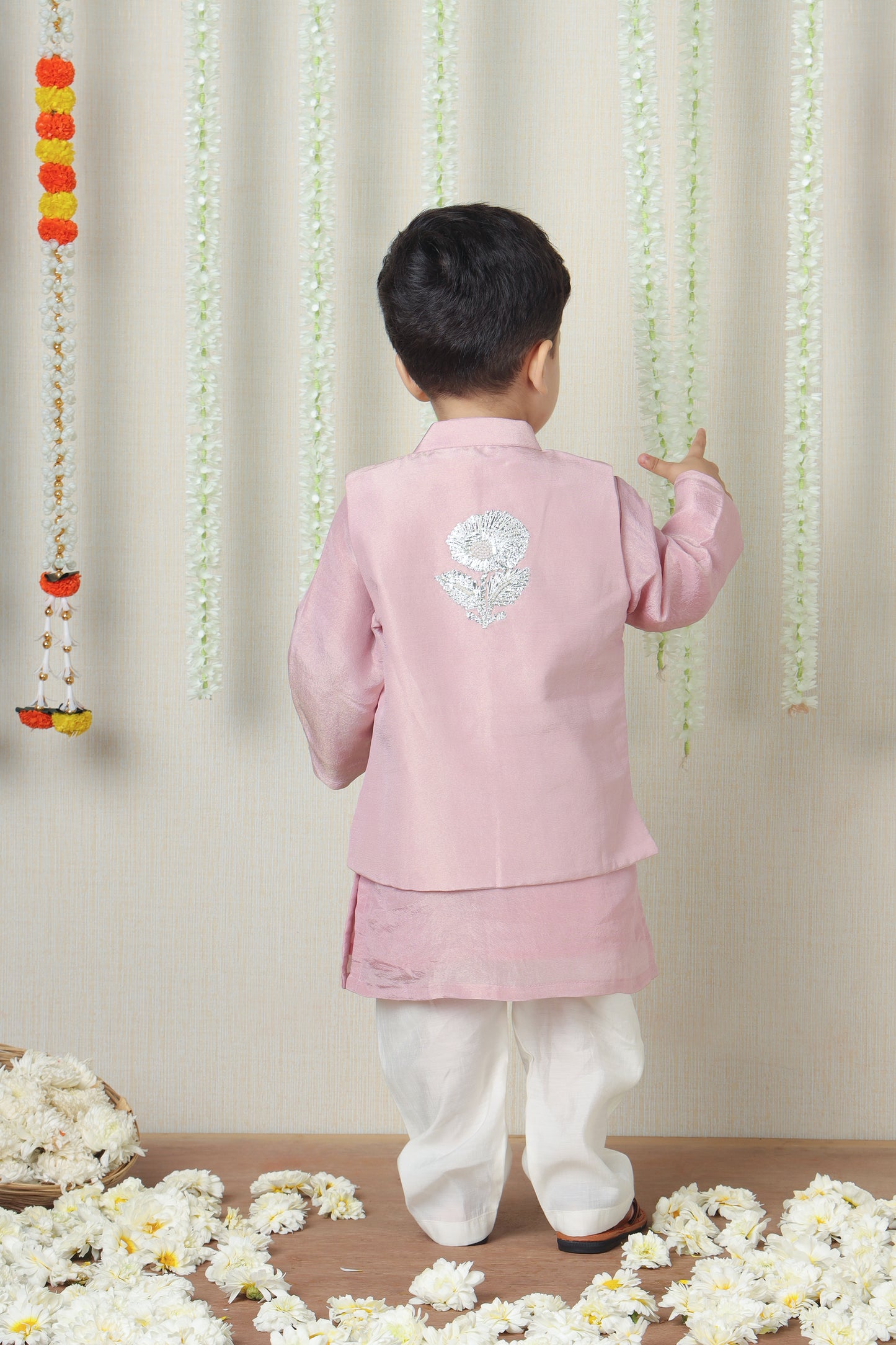 Shimmery Pink Kurta With Front Open Gota Embroidered Jacket And Pyjama