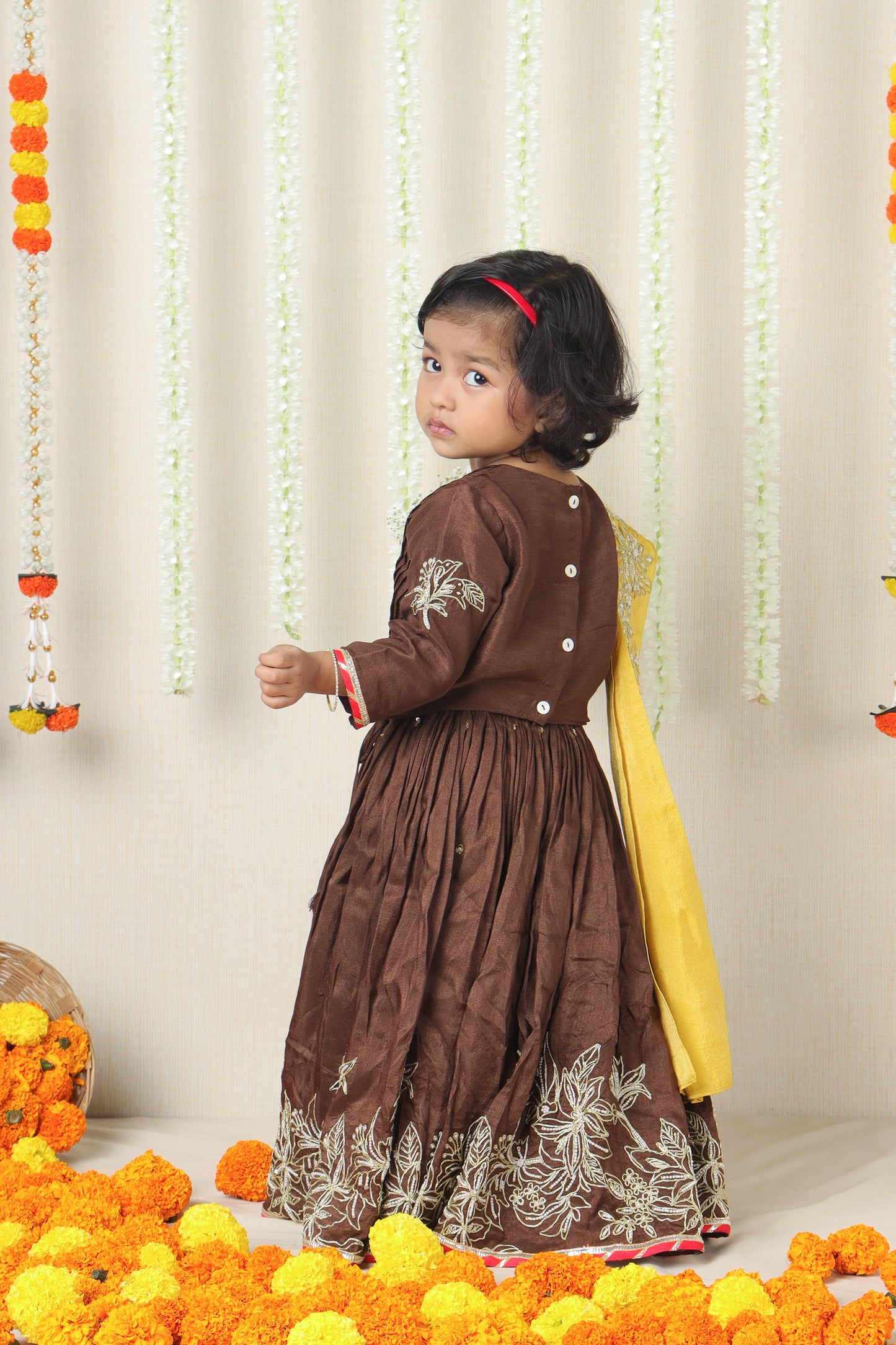 Brown Embroidered Lehenga Set with Contrast Dupatta