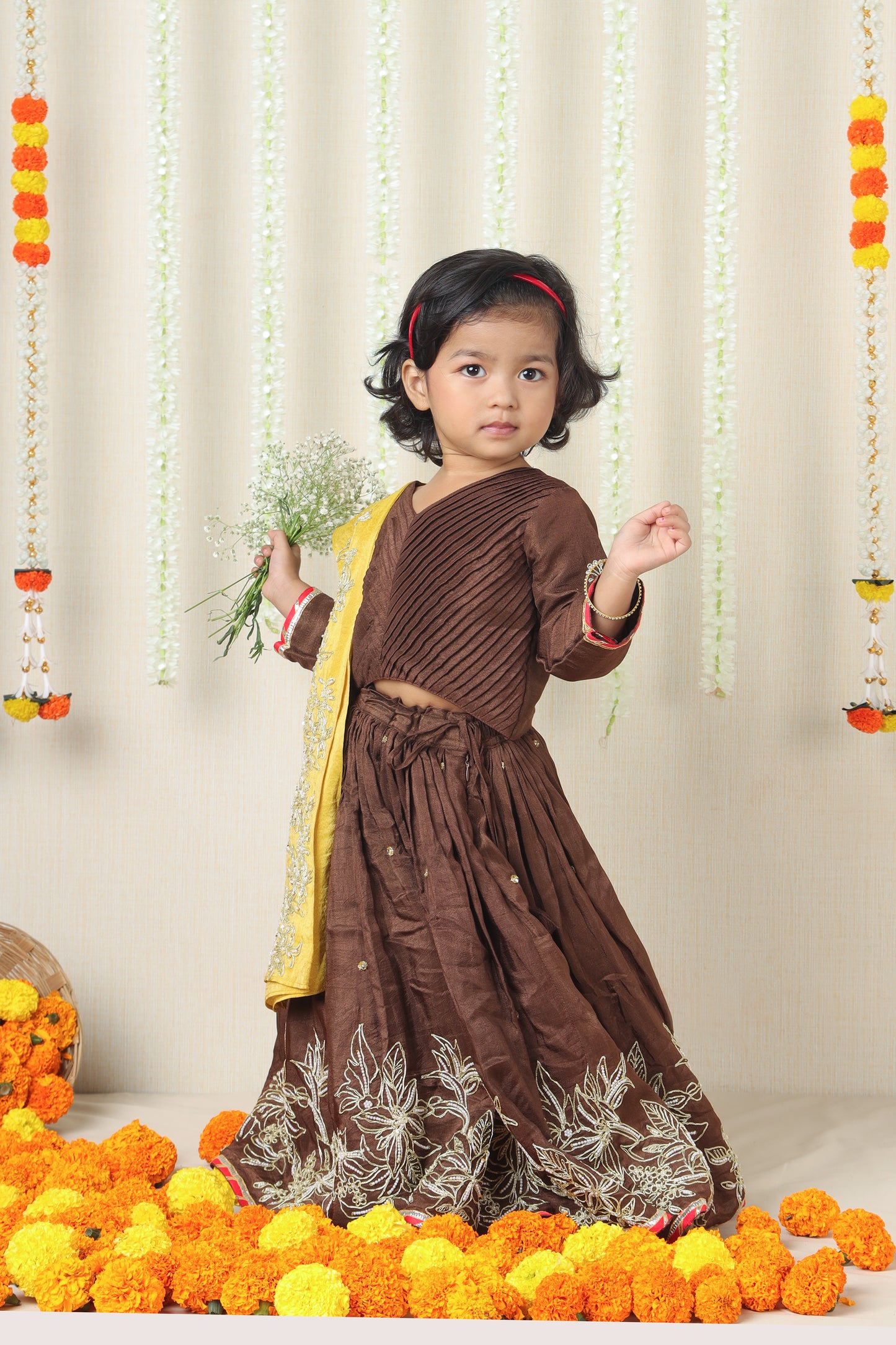 Brown Embroidered Lehenga Set with Contrast Dupatta