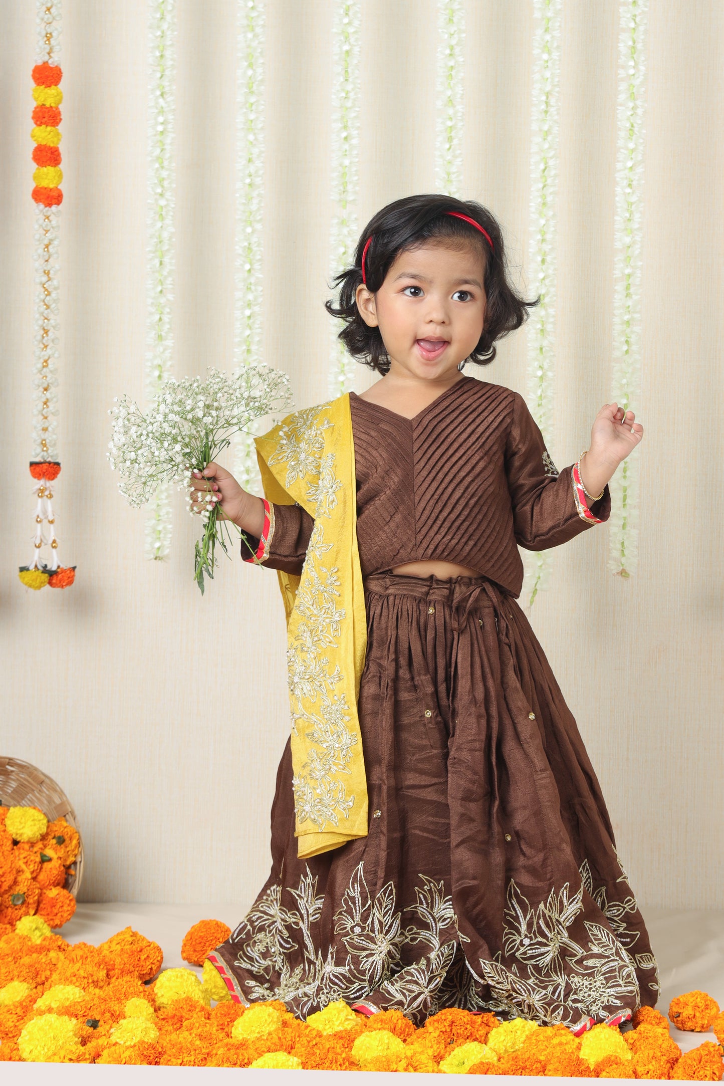 Brown Embroidered Lehenga Set with Contrast Dupatta
