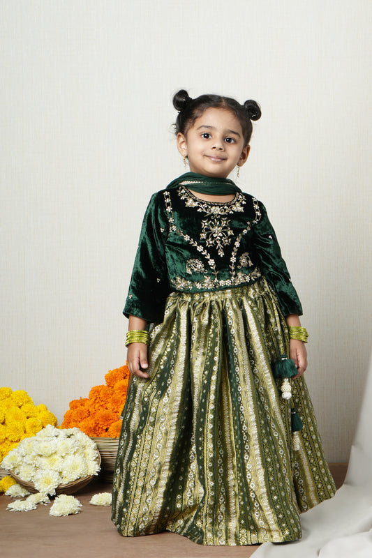 Emerald Velvet & Gold Brocade Lehenga Set