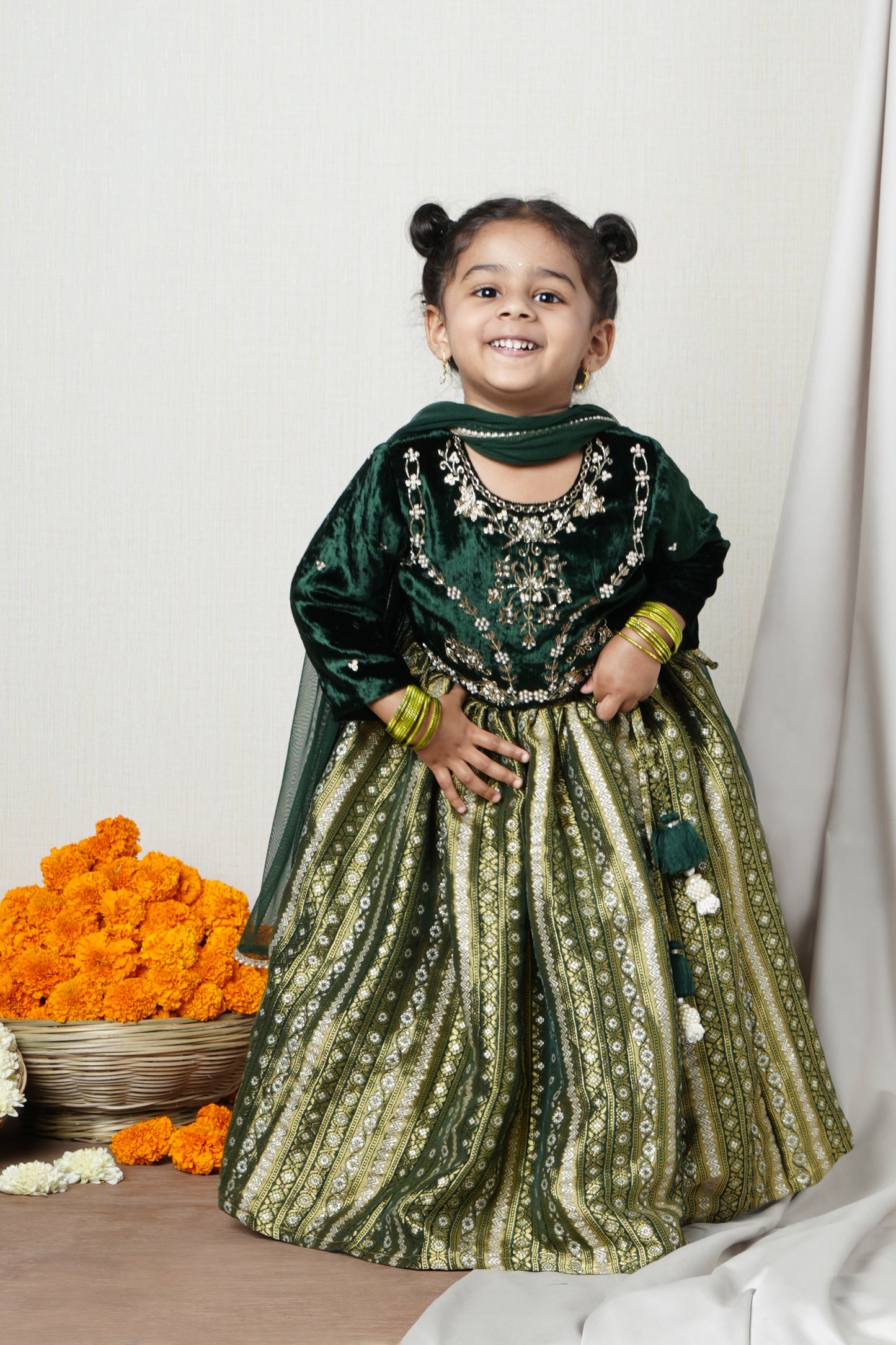 Emerald Velvet & Gold Brocade Lehenga Set