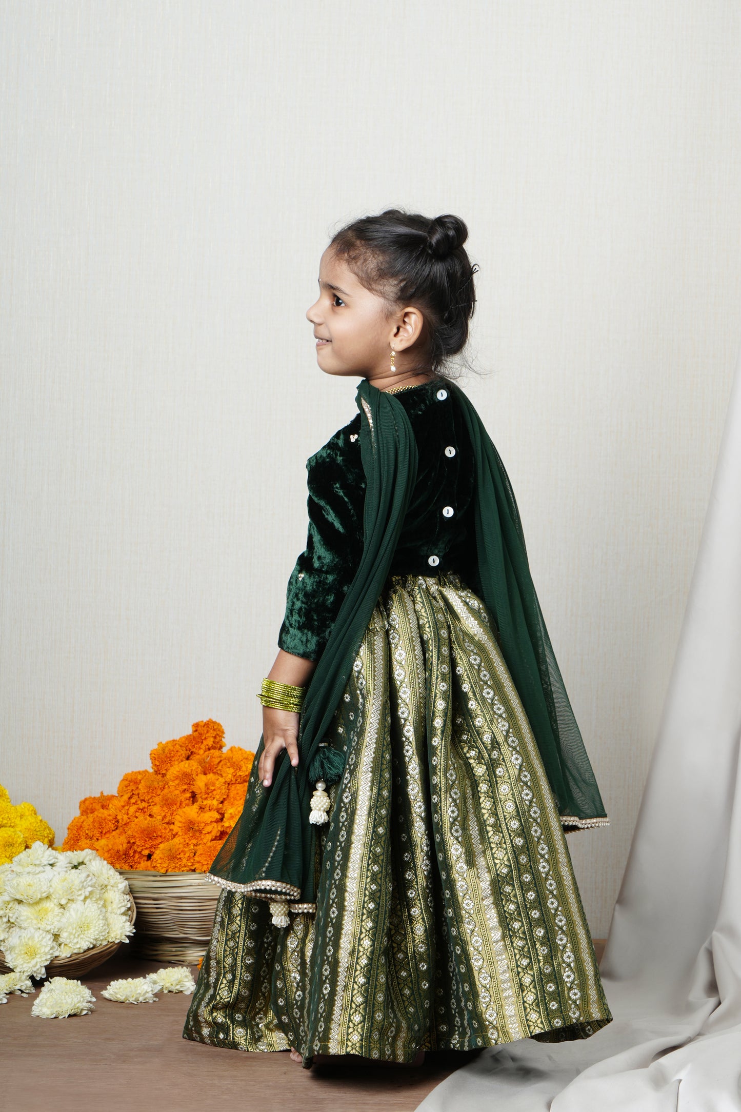 Emerald Velvet & Gold Brocade Lehenga Set