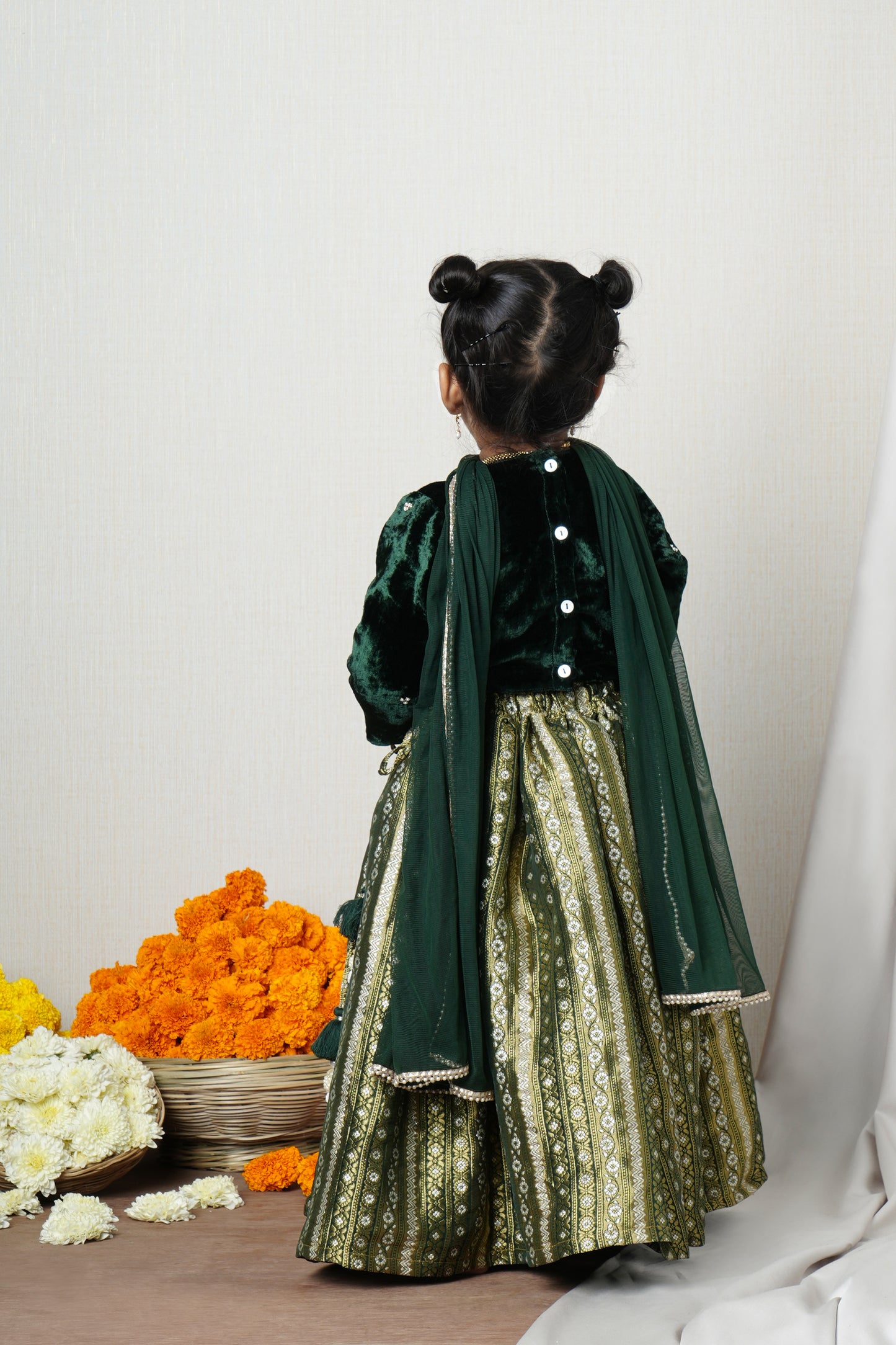Emerald Velvet & Gold Brocade Lehenga Set