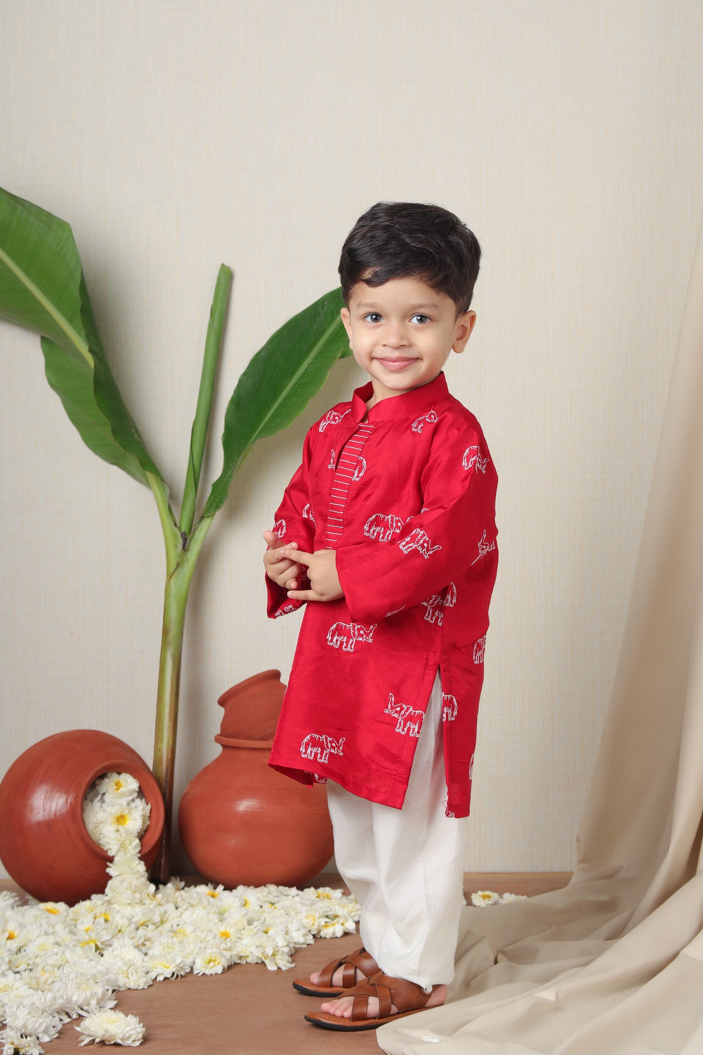 Red Elephant Embroidered Kurta And Pyjama