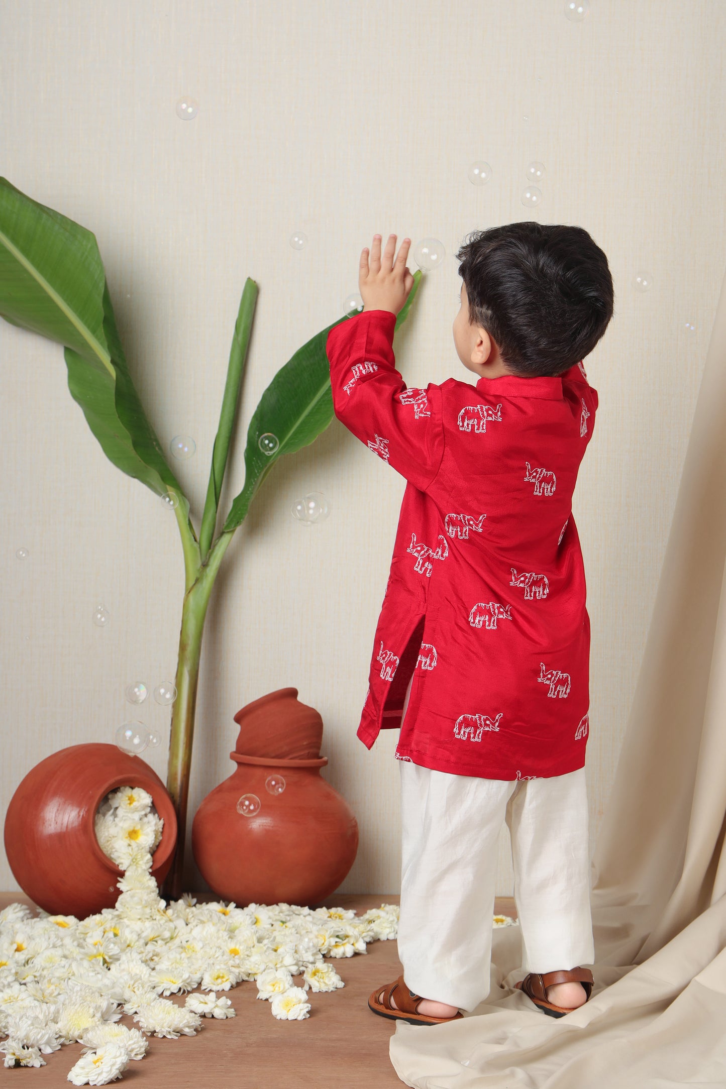 Red Elephant Embroidered Kurta And Pyjama