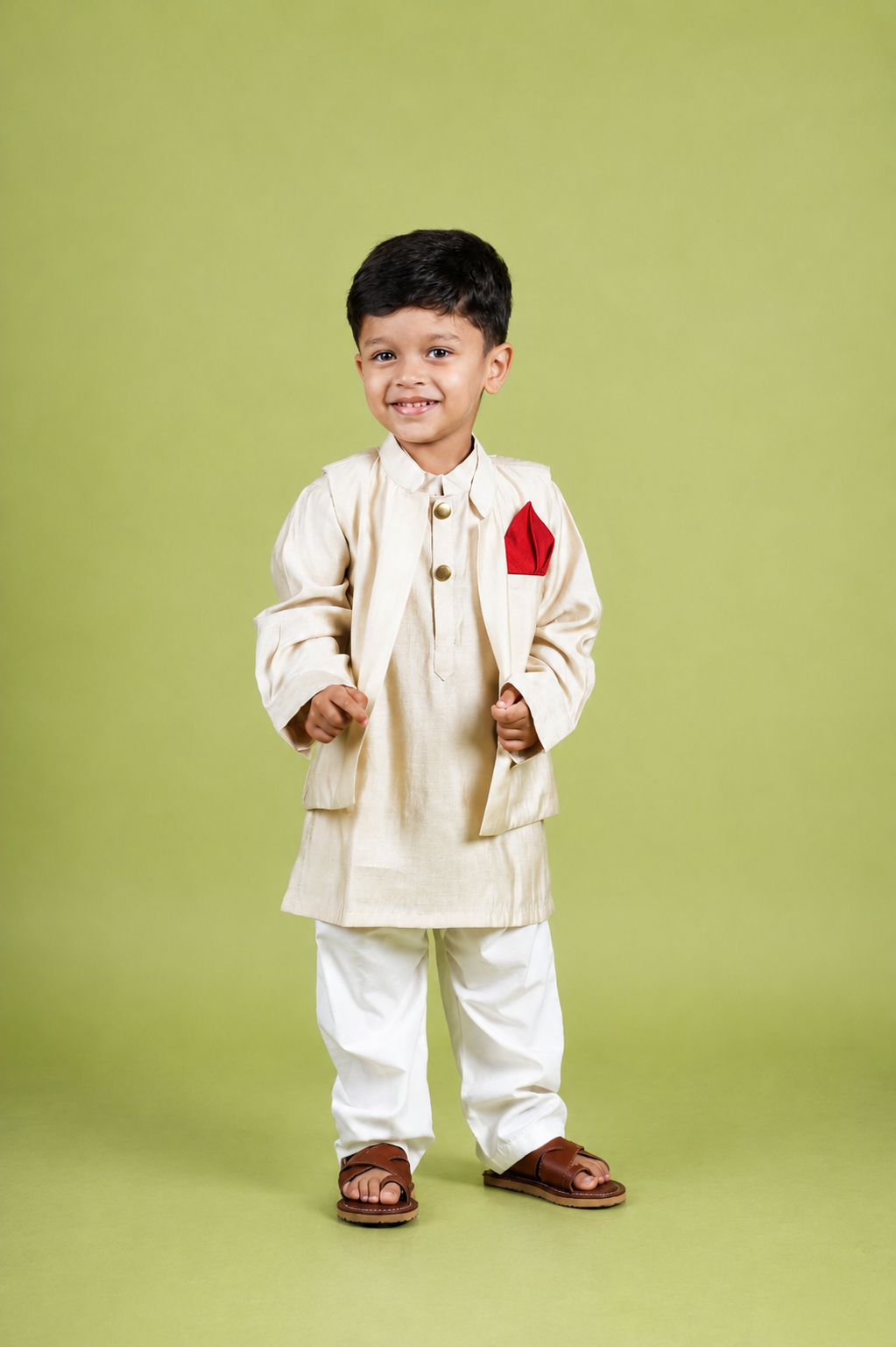 Ethnic Beige Kurta with Pocket Square Jacket and Pyjama