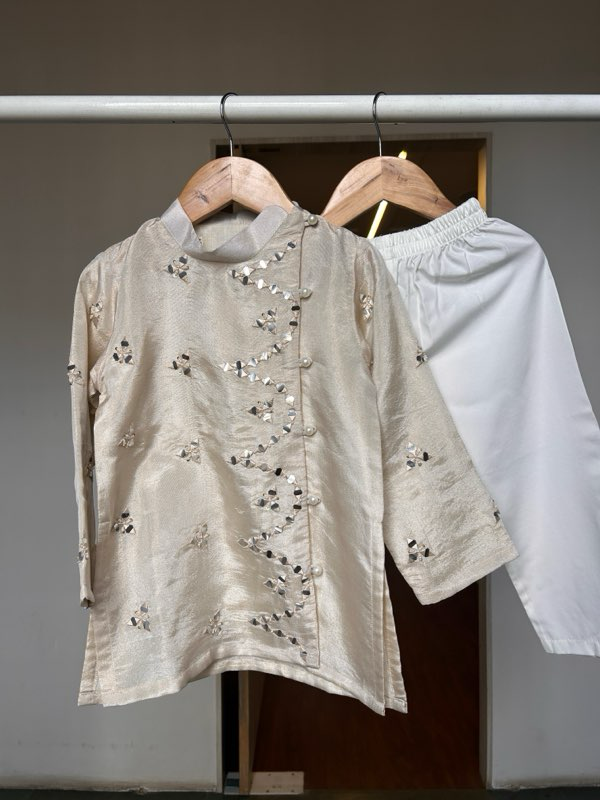 Ivory Silk Tissue Abla Moti Work Kurta Set