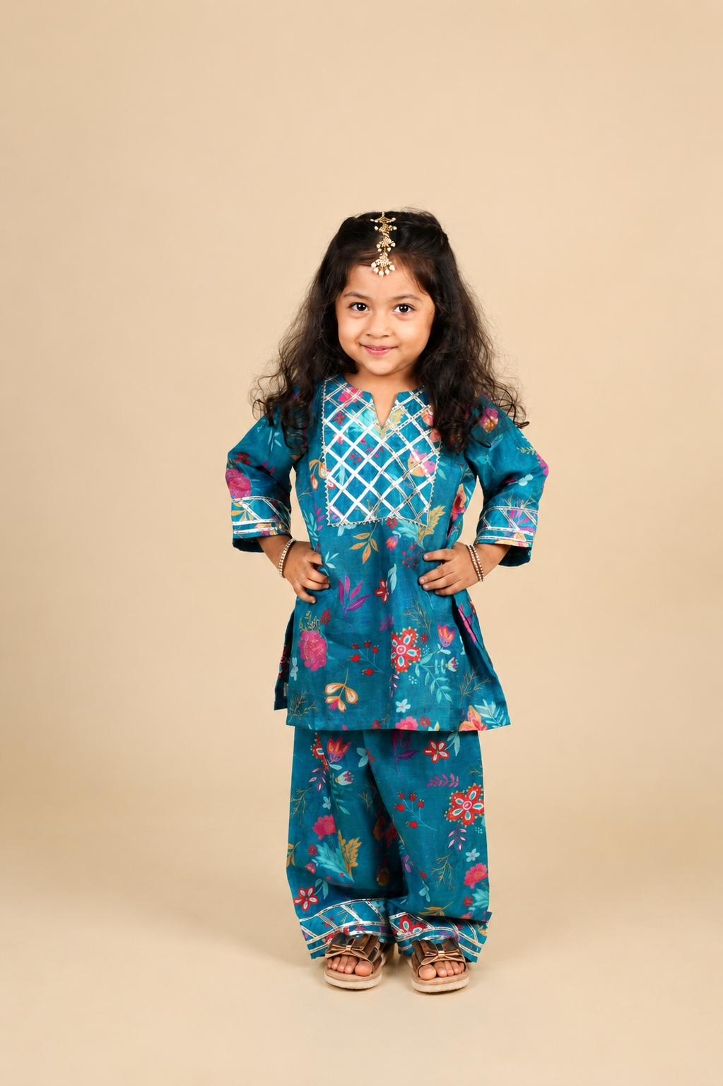 Blue Floral Gota Lace Kurti Set