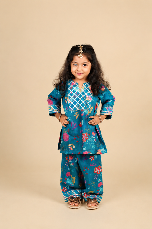 Blue Floral Gota Lace Kurti Set