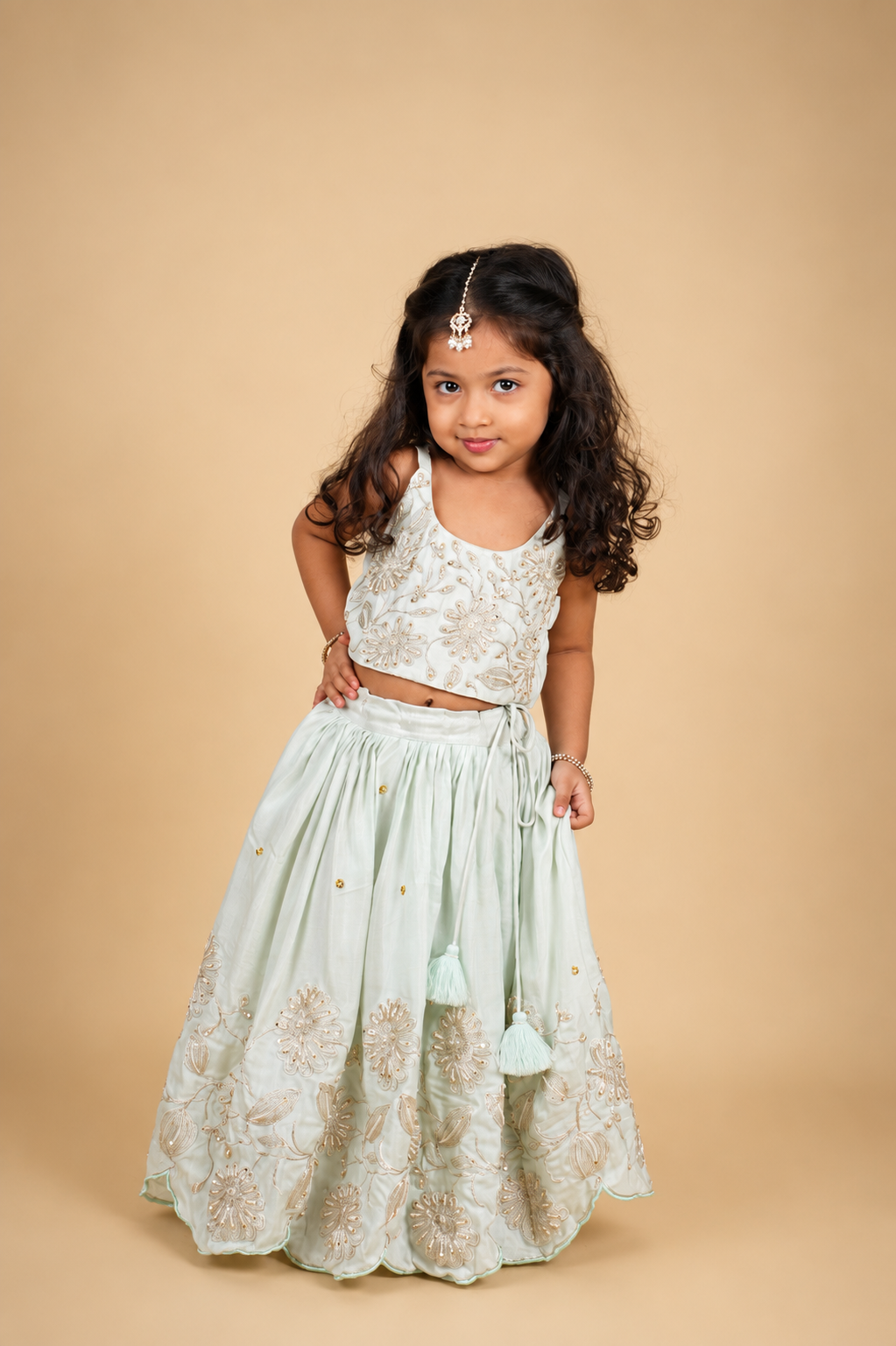 Mint Blue Dori and Moti Hand Embroidered Lehenga Blouse Set