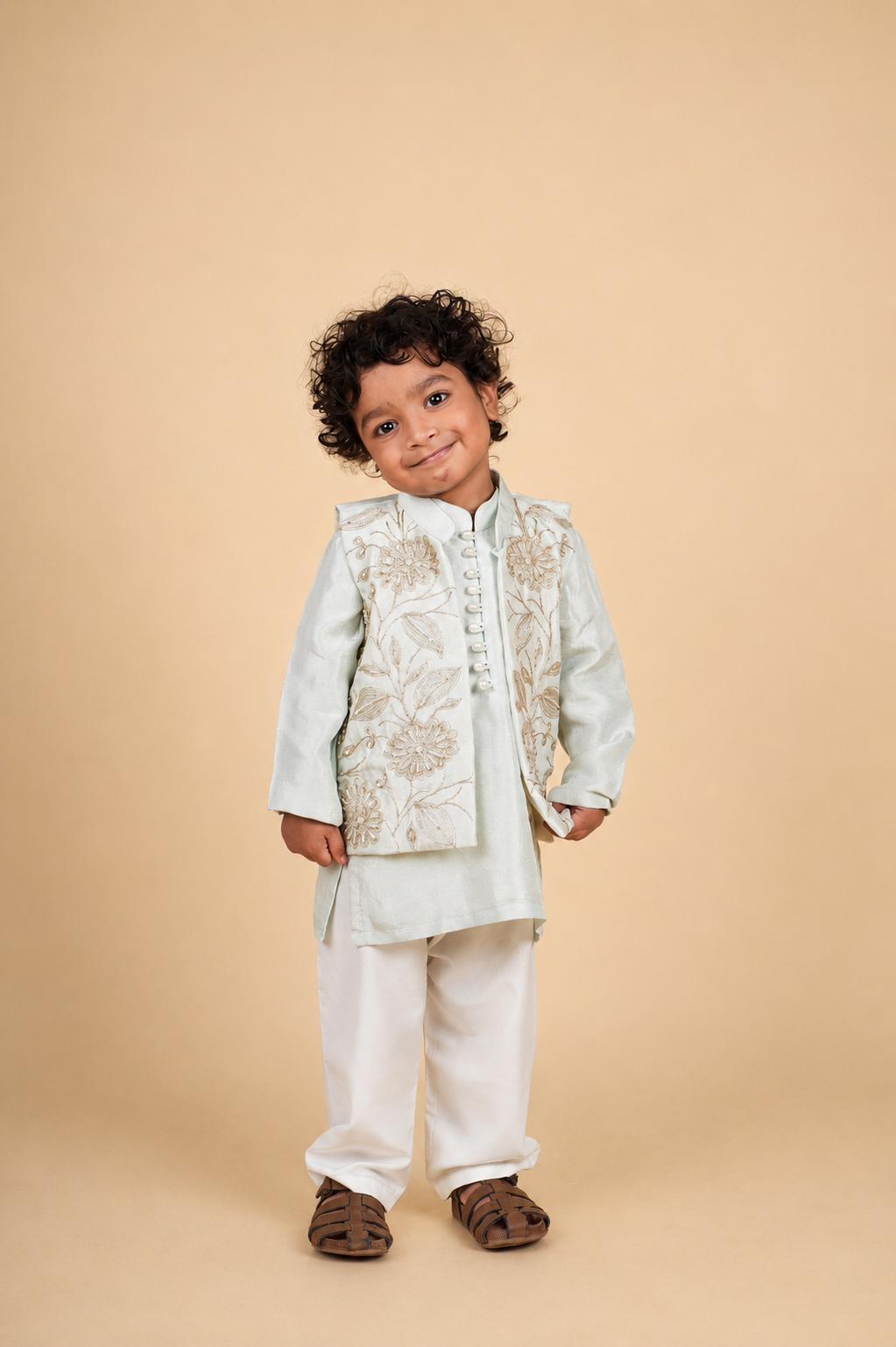 Light Blue Floral Dori and Moti Work Jacket Kurta Set