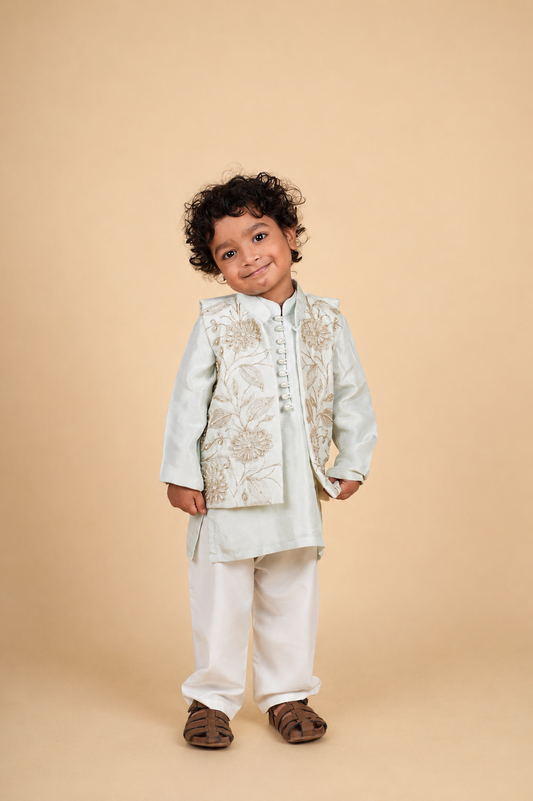 Light Blue Floral Dori and Moti Work Jacket Kurta Set