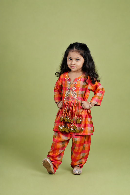 Rust Checkered Hand Embroidered Kurti Set