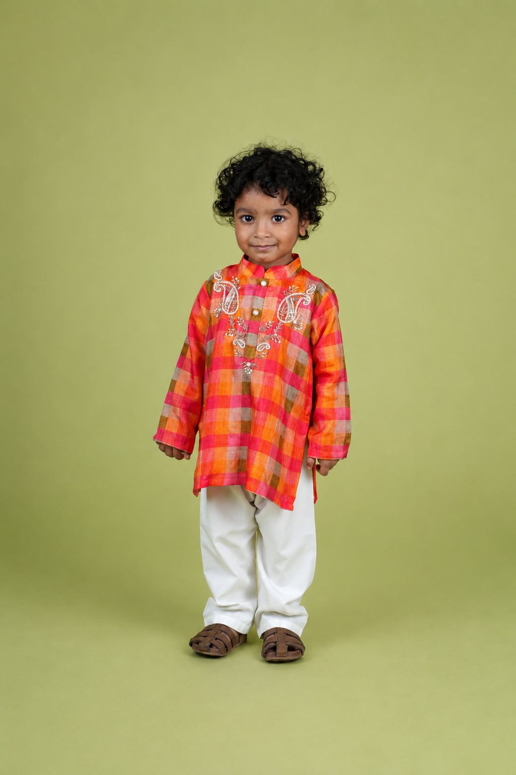 Rust Checks Hand Embroidered Kurta Set