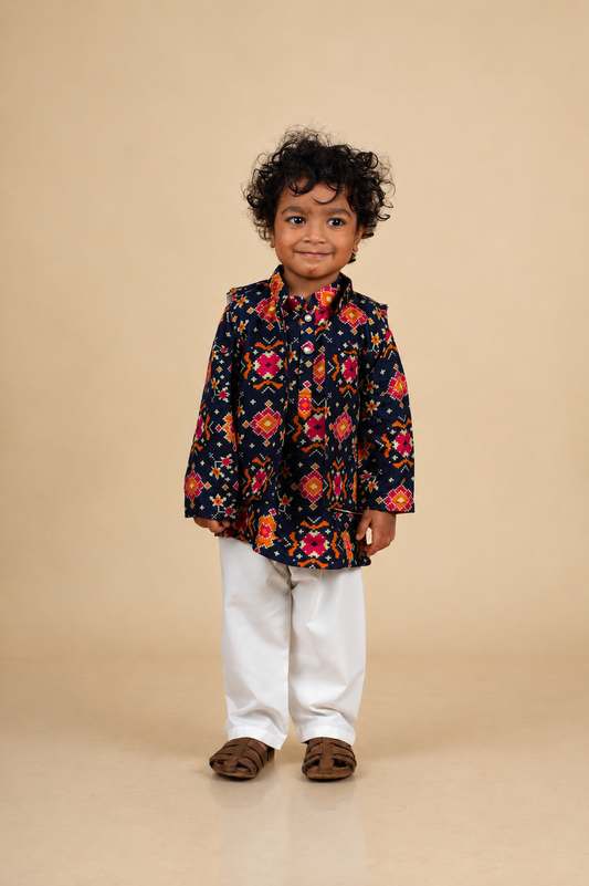 Navy Blue Patola Print Jacket Kurta Set