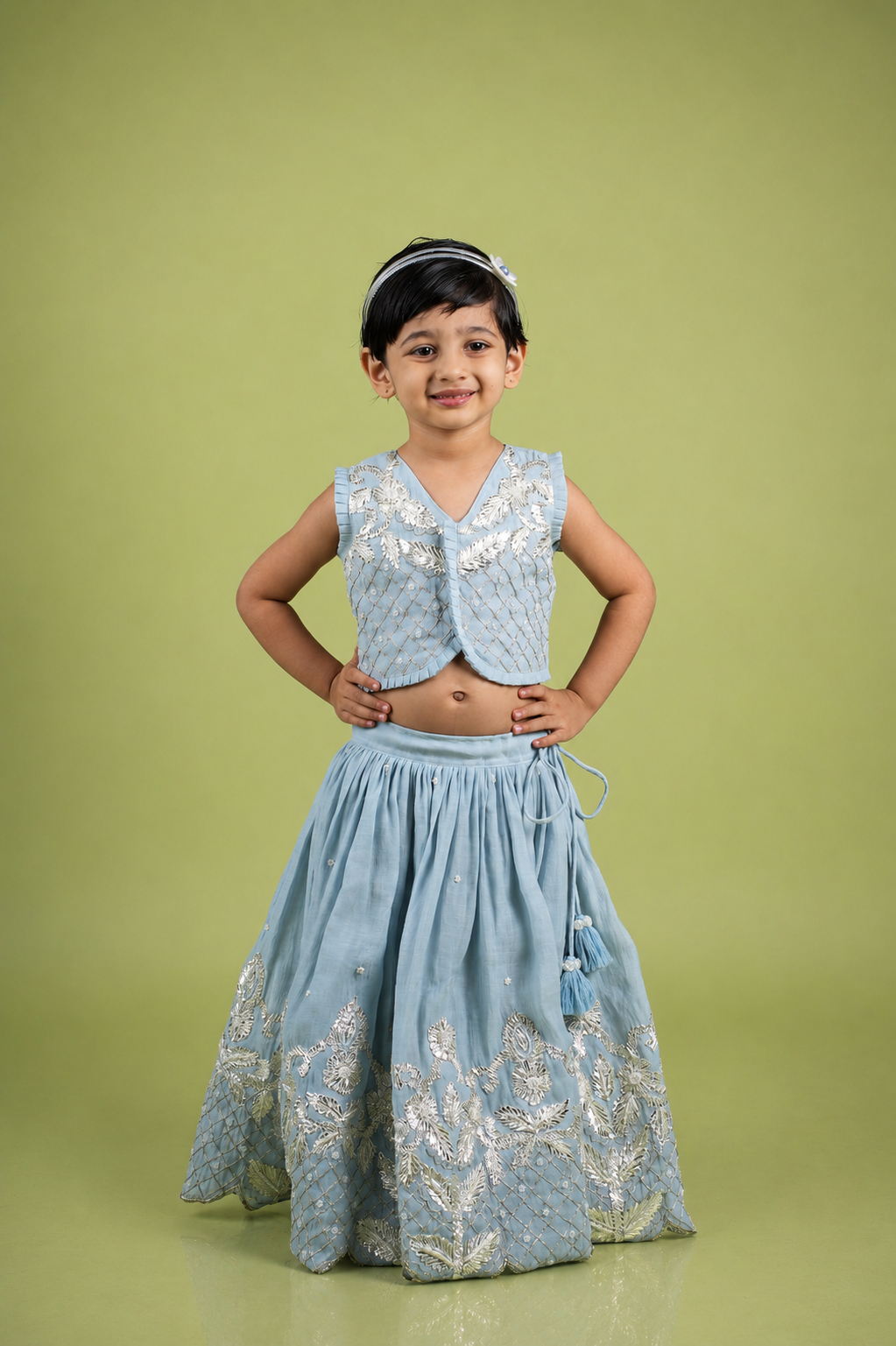 Light Blue Chanderi Gota Moti Work Lehenga Blouse Set