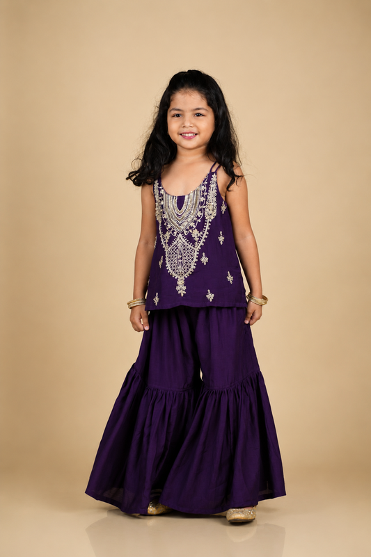 Deep Purple Dori Moti Work Kurti Sharara Set