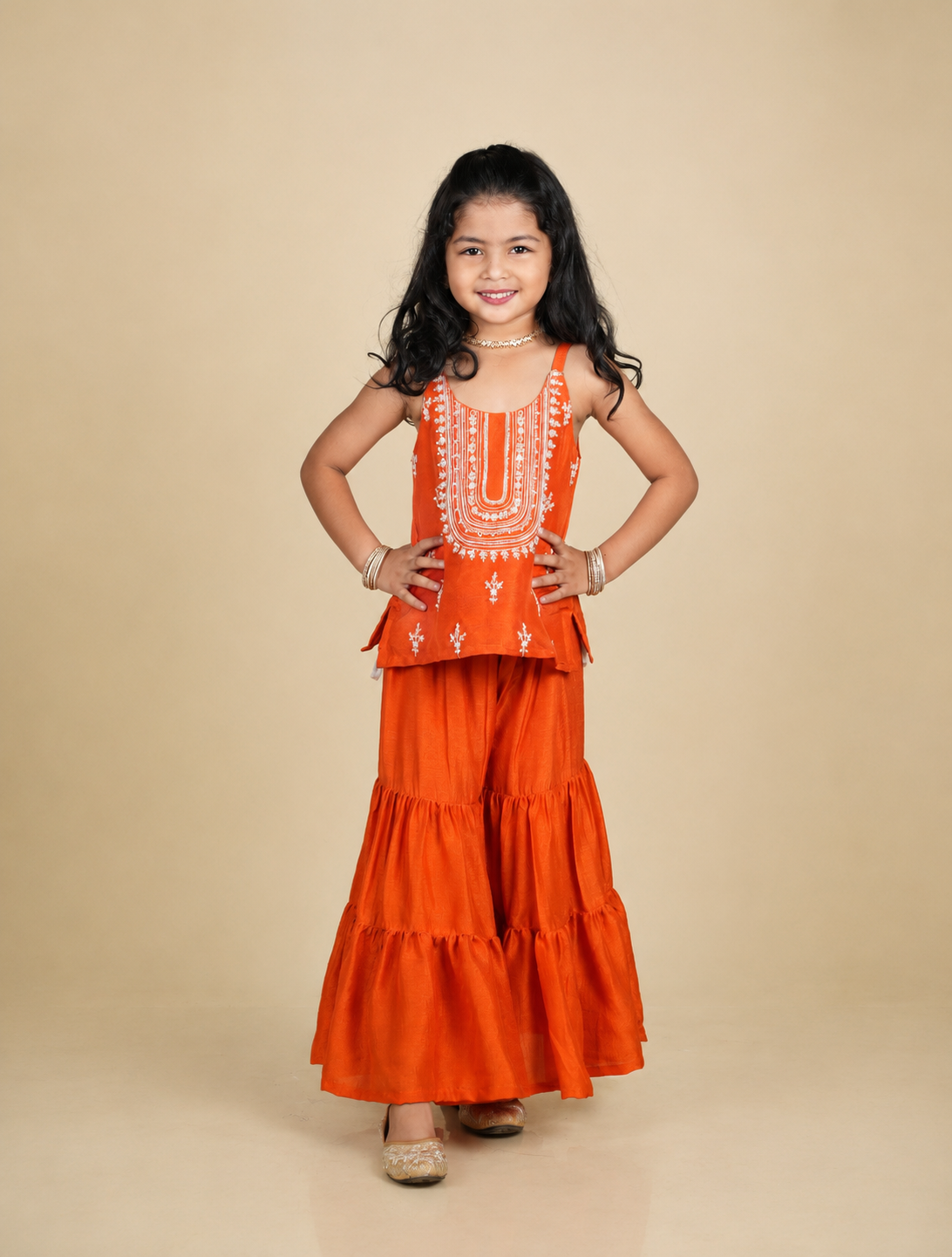 Rust Dori Moti Work Kurti Sharara Set