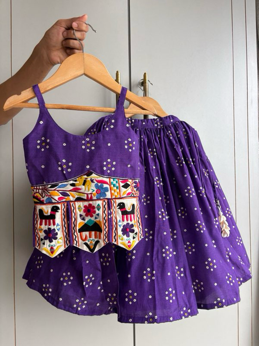 Purple Bandhani Resham and Thread Work Lehenga Blouse Set