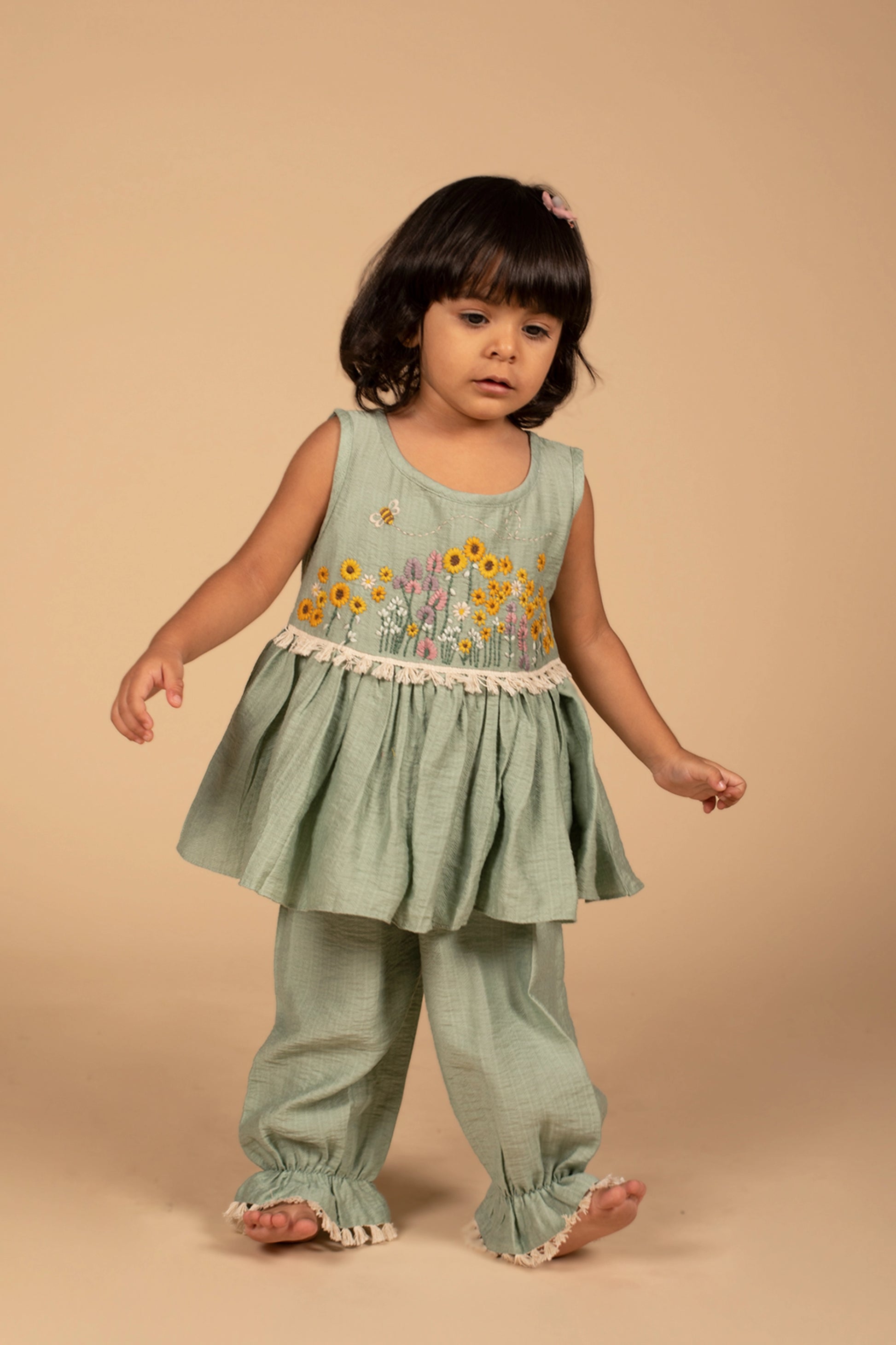 Sunflower Field Peplum Top and Pant Set – front view | Poochkie kids Indian ethnic wear