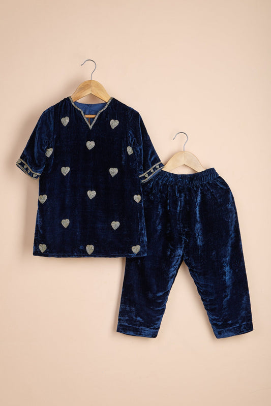 Blue Dilbar Velvet Zardozi Embroidered Pant Set