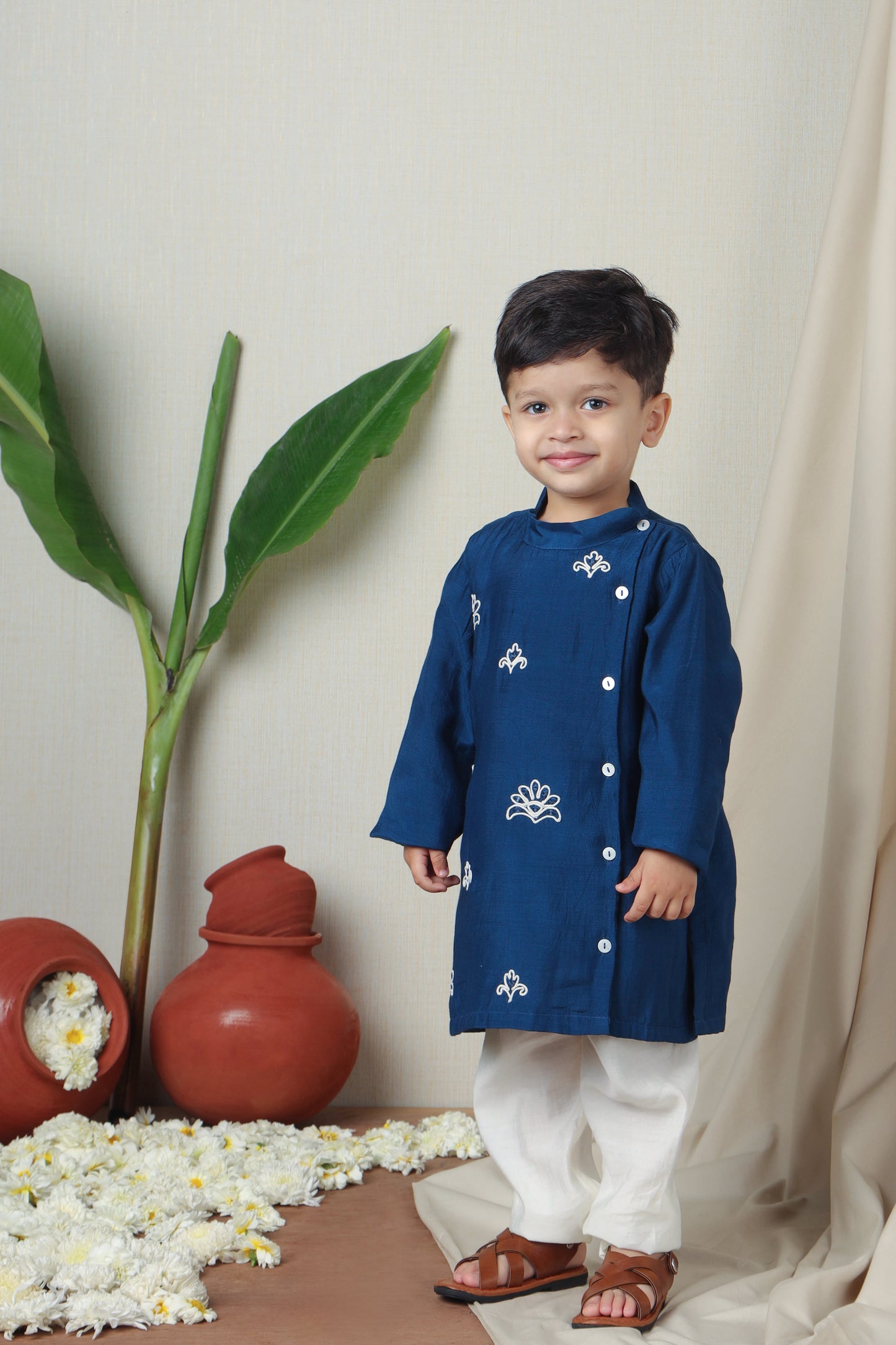 Blue Nelumbo Side Buttons Detail Kurta And Pyjama