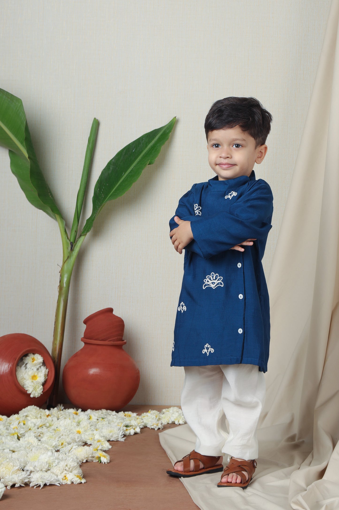 Blue Nelumbo Side Buttons Detail Kurta And Pyjama