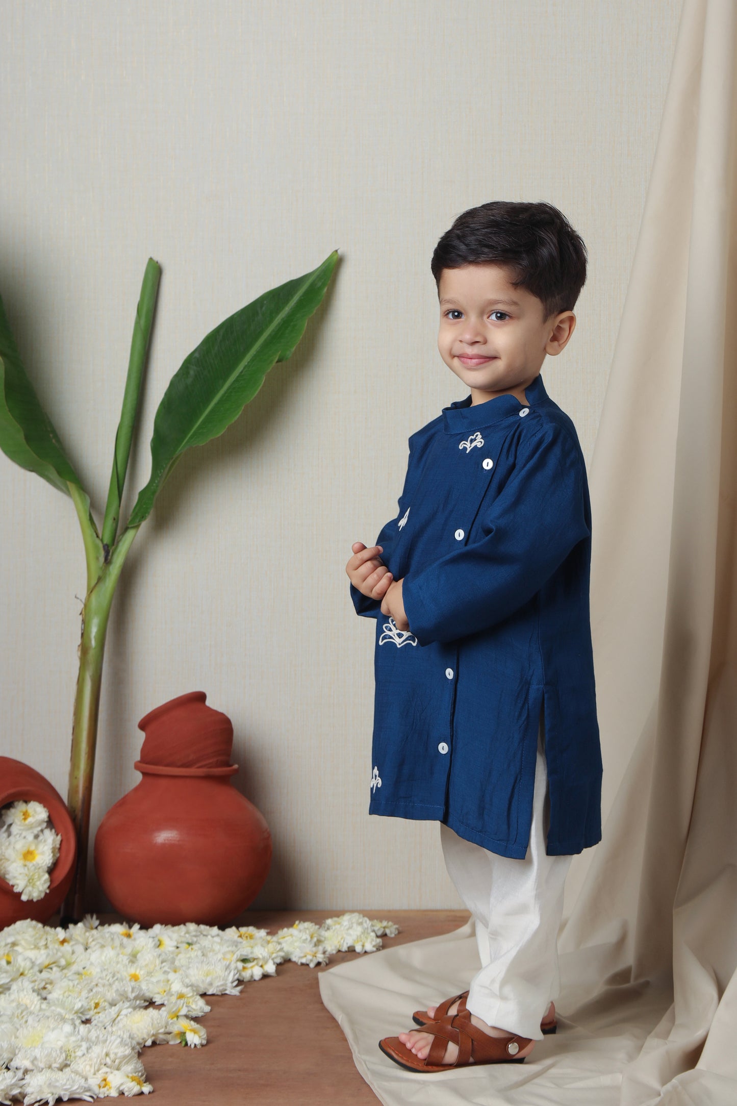 Blue Nelumbo Side Buttons Detail Kurta And Pyjama