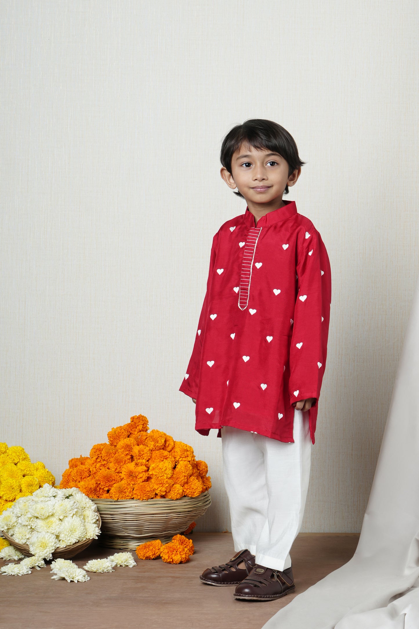 Red Heart Embroidered Kurta And Pyjama