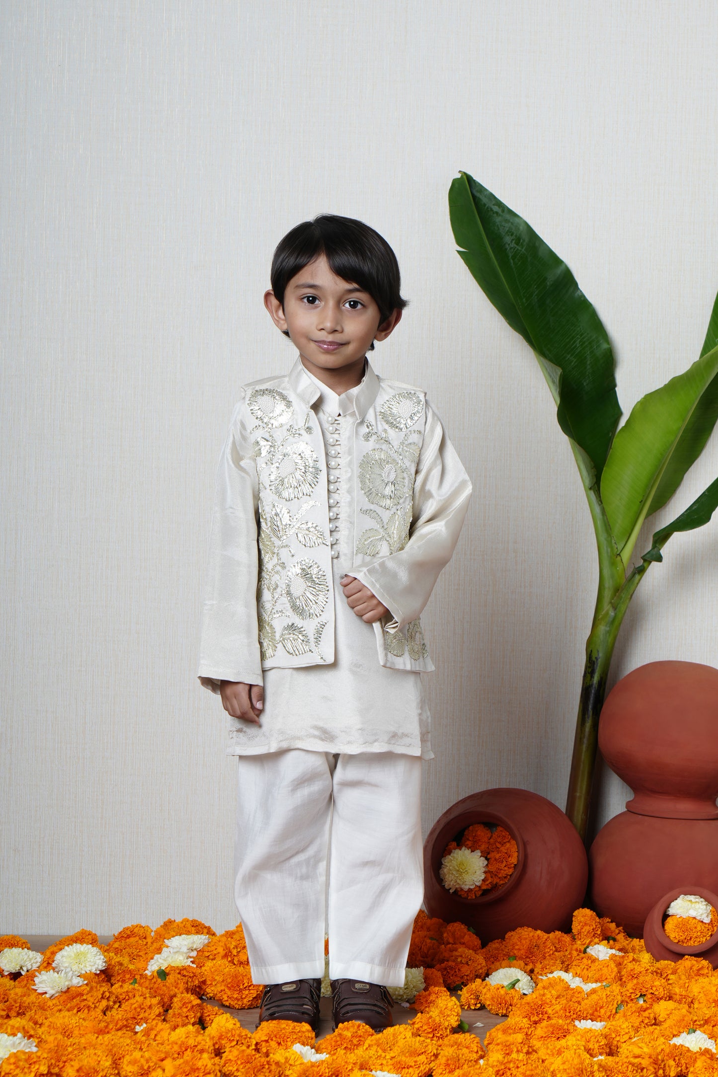 Shimmery Ivory Kurta With Front Open Gota Embroidered Jacket And Pyjama