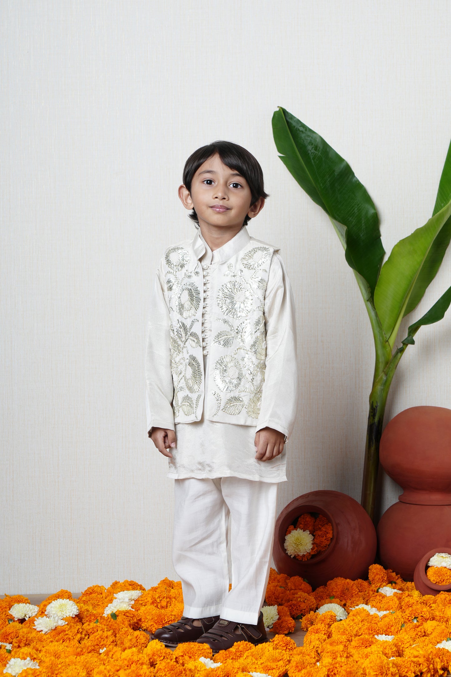 Shimmery Ivory Kurta With Front Open Gota Embroidered Jacket And Pyjama