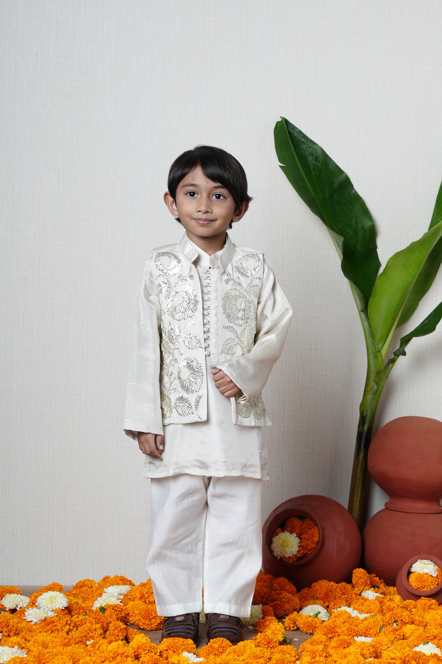Shimmery Ivory Kurta With Front Open Gota Embroidered Jacket And Pyjama
