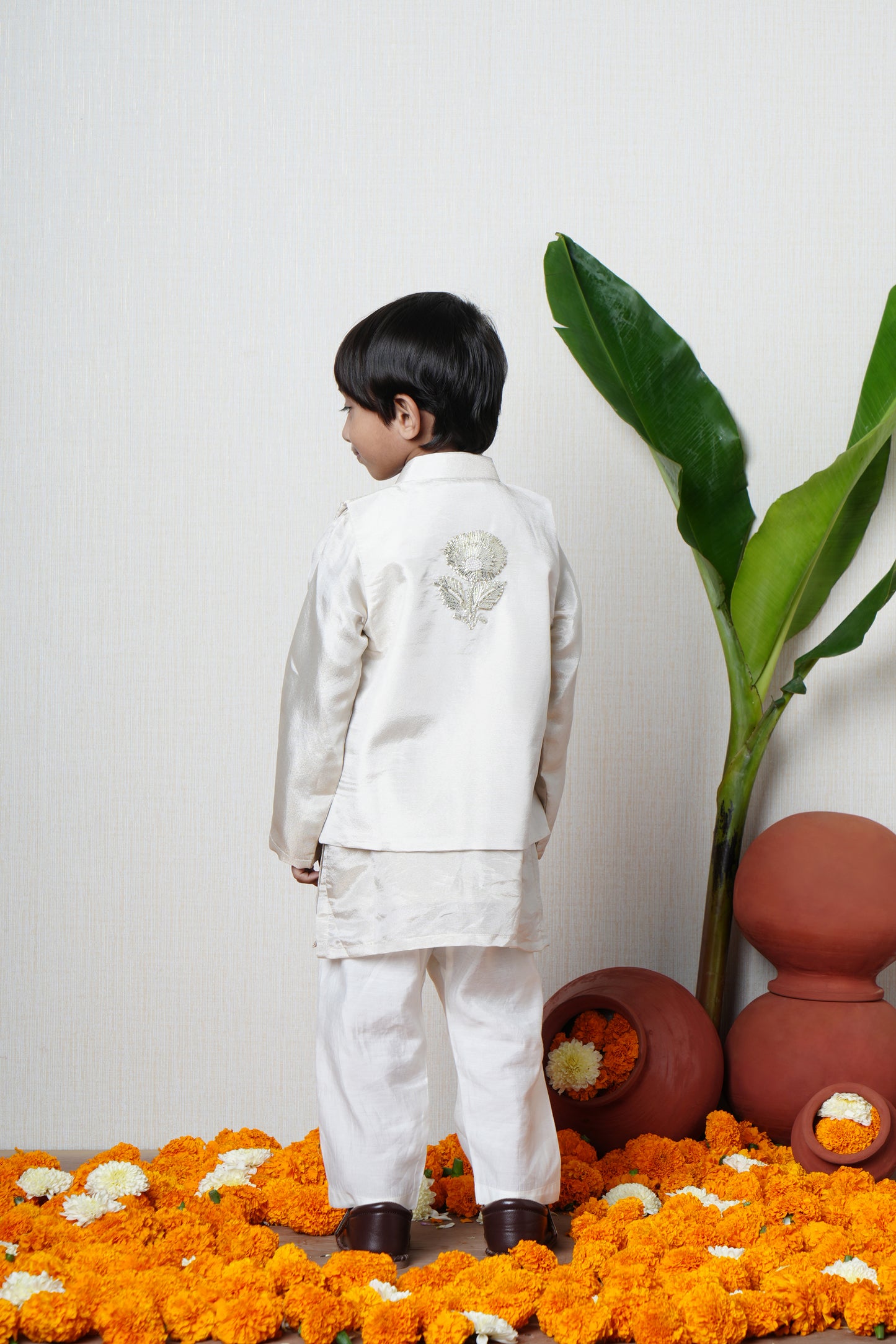 Shimmery Ivory Kurta With Front Open Gota Embroidered Jacket And Pyjama
