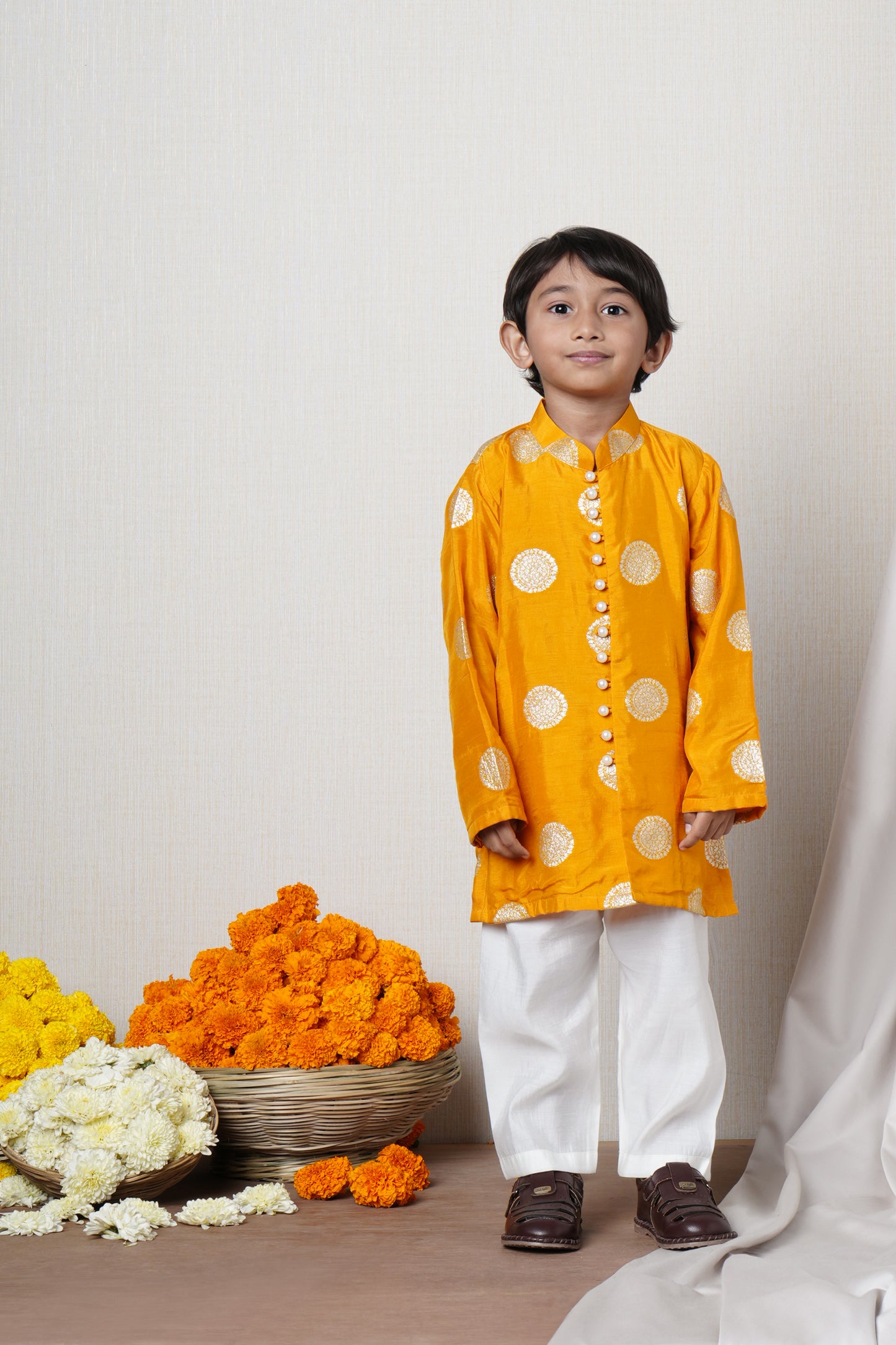 Yellow Festive Silk Kurta With Pyjama