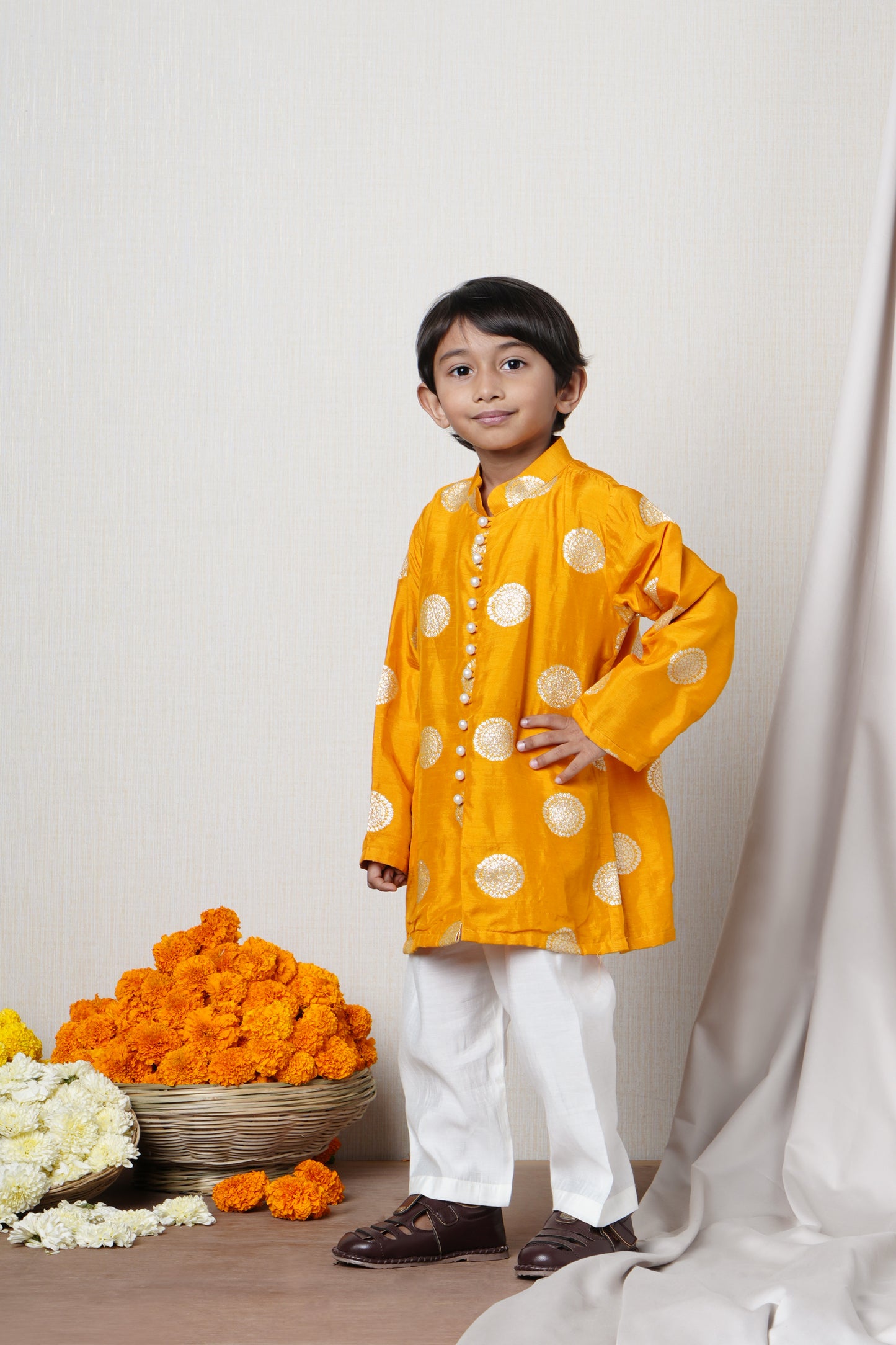 Yellow Festive Silk Kurta With Pyjama