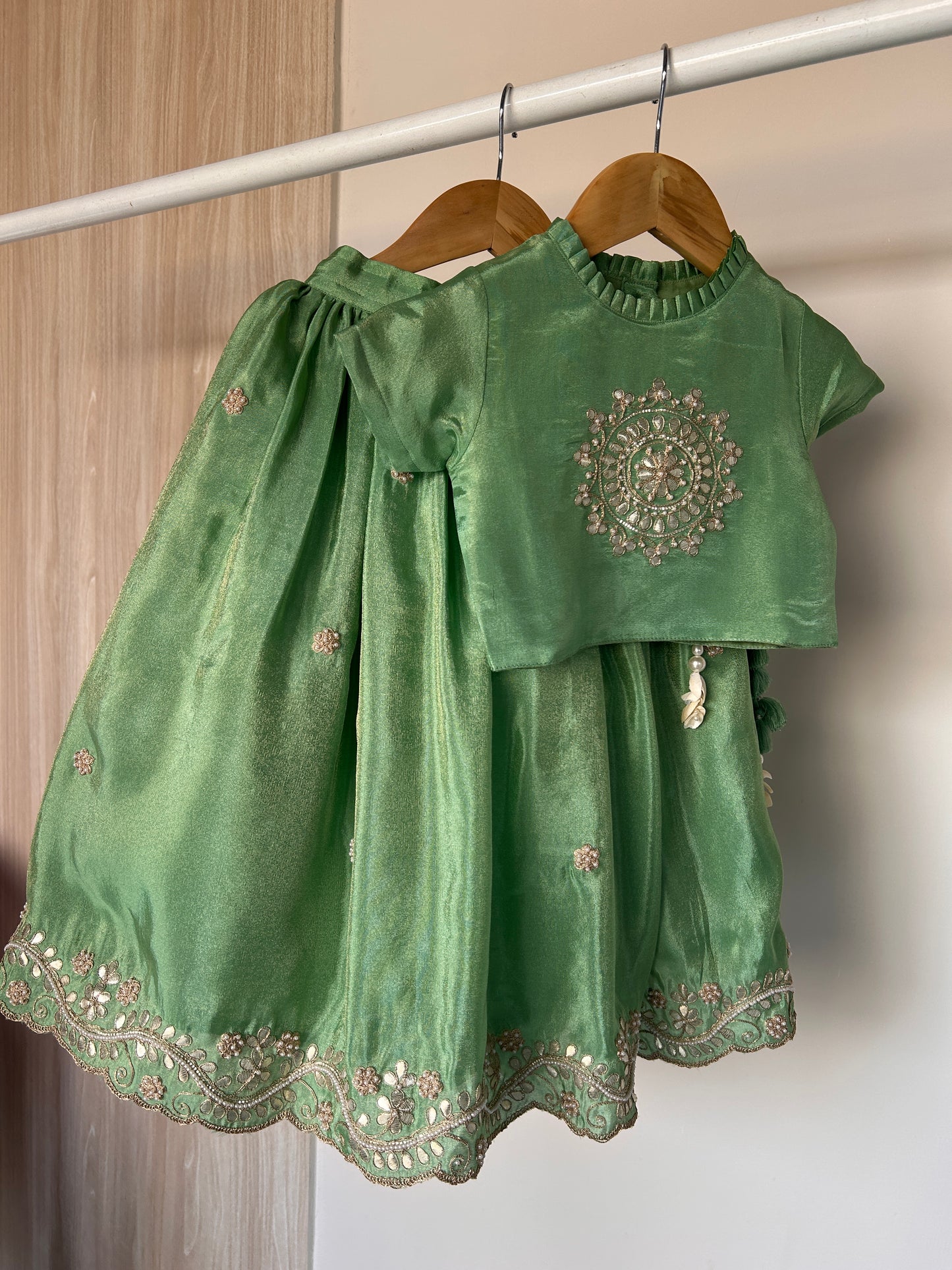 Green Zari Tissue Gota Moti Work Lehenga Blouse Set